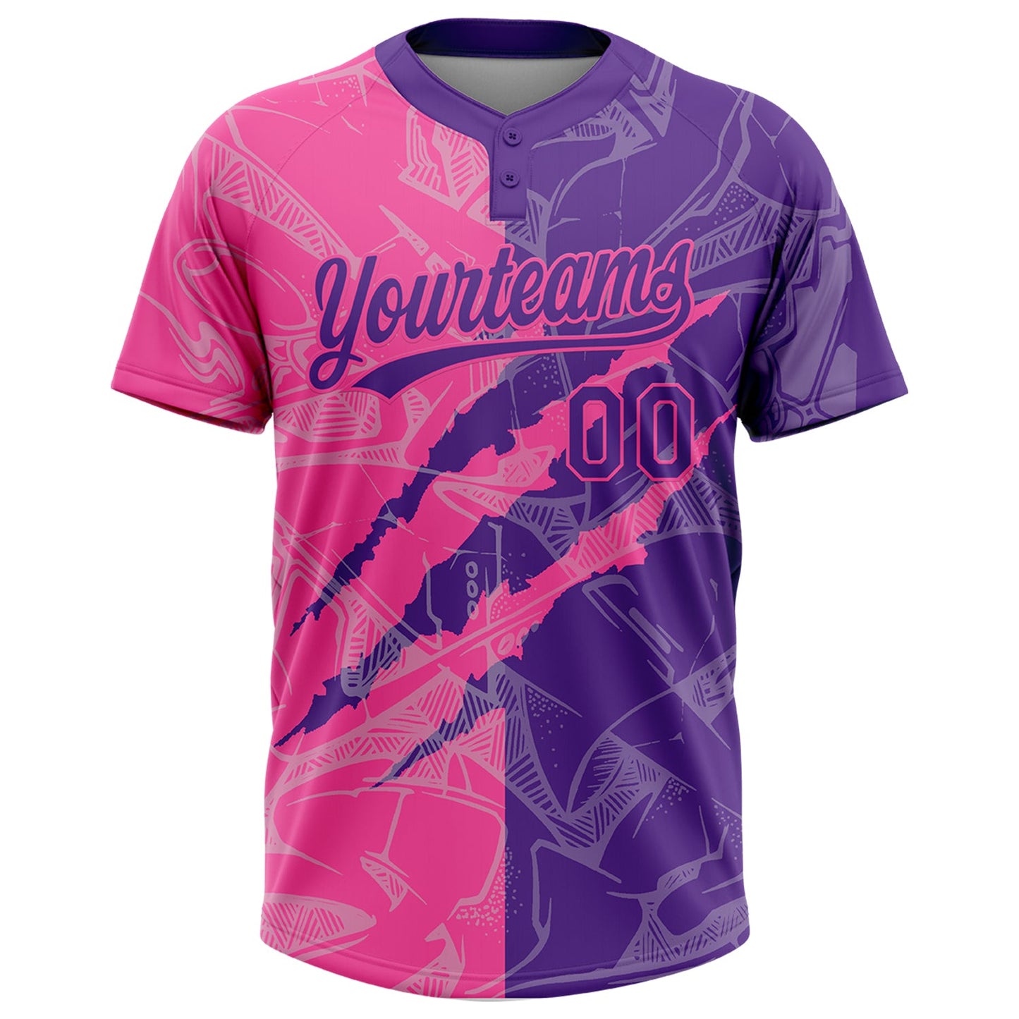 Custom Graffiti Pattern Purple-Pink 3D Scratch Two-Button Unisex Softball Jersey view 2