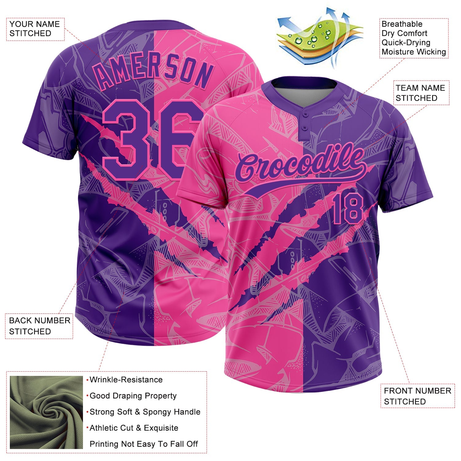 Custom Graffiti Pattern Purple-Pink 3D Scratch Two-Button Unisex Softball Jersey view 3