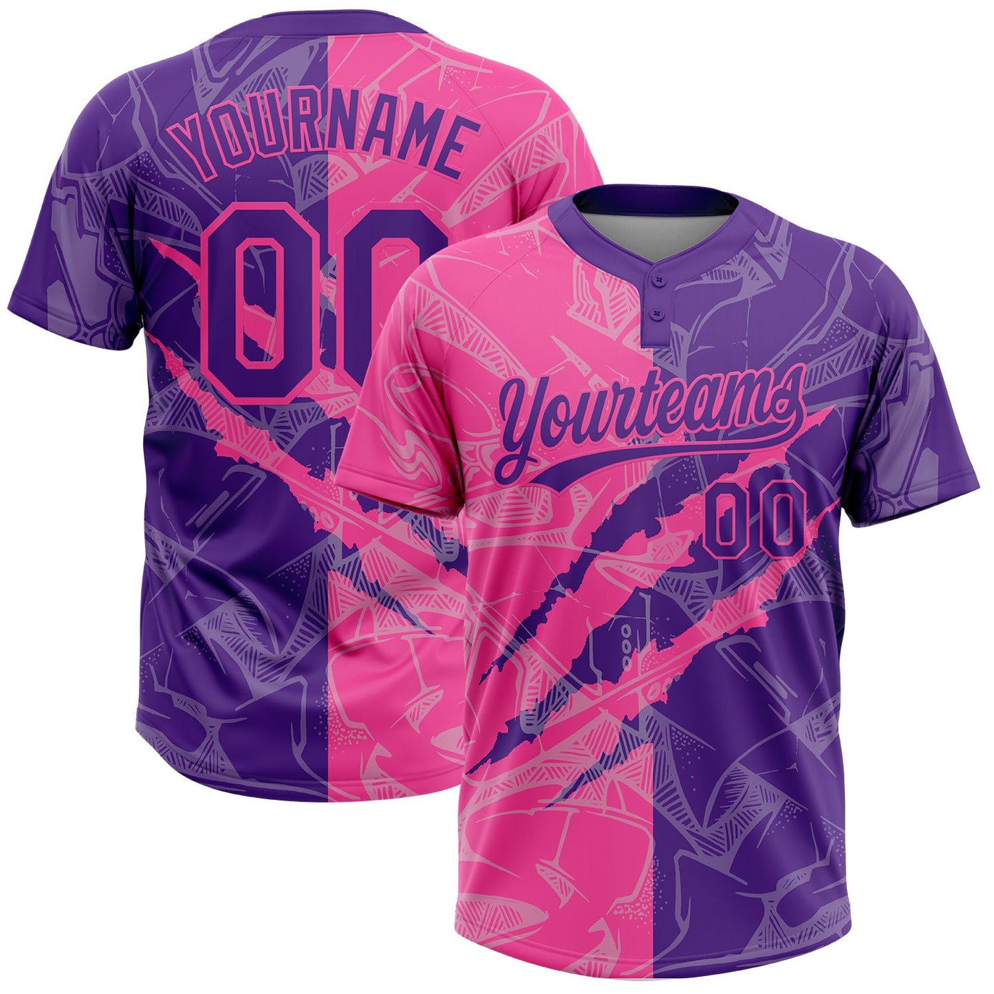 Custom Graffiti Pattern Purple-Pink 3D Scratch Two-Button Unisex Softball Jersey - Main View