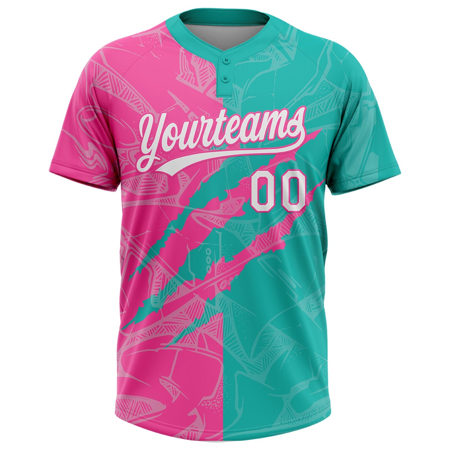 Custom Graffiti Pattern White Aqua-Pink 3D Scratch Two-Button Unisex Softball Jersey view 2