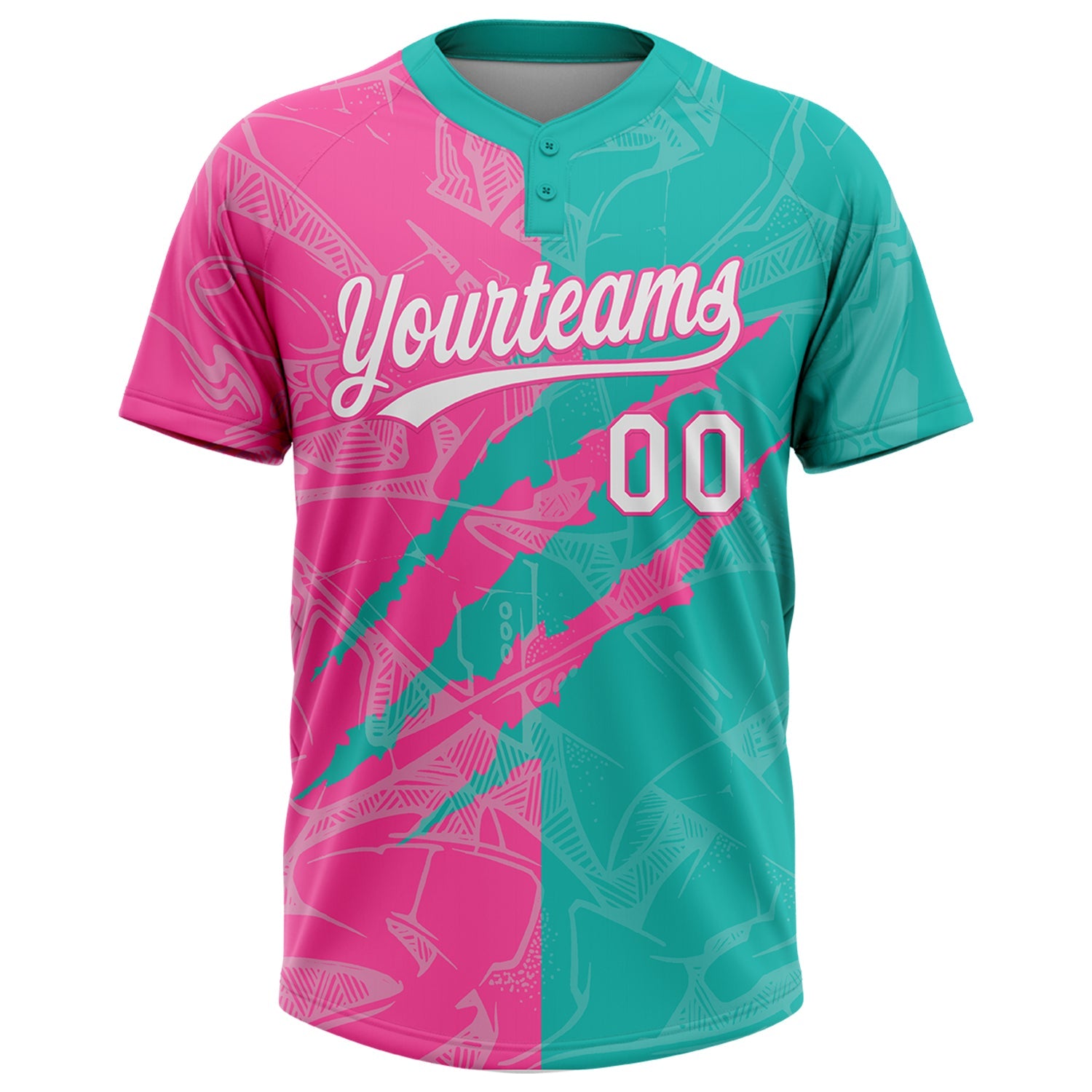 Custom Graffiti Pattern White Aqua-Pink 3D Scratch Two-Button Unisex Softball Jersey view 2
