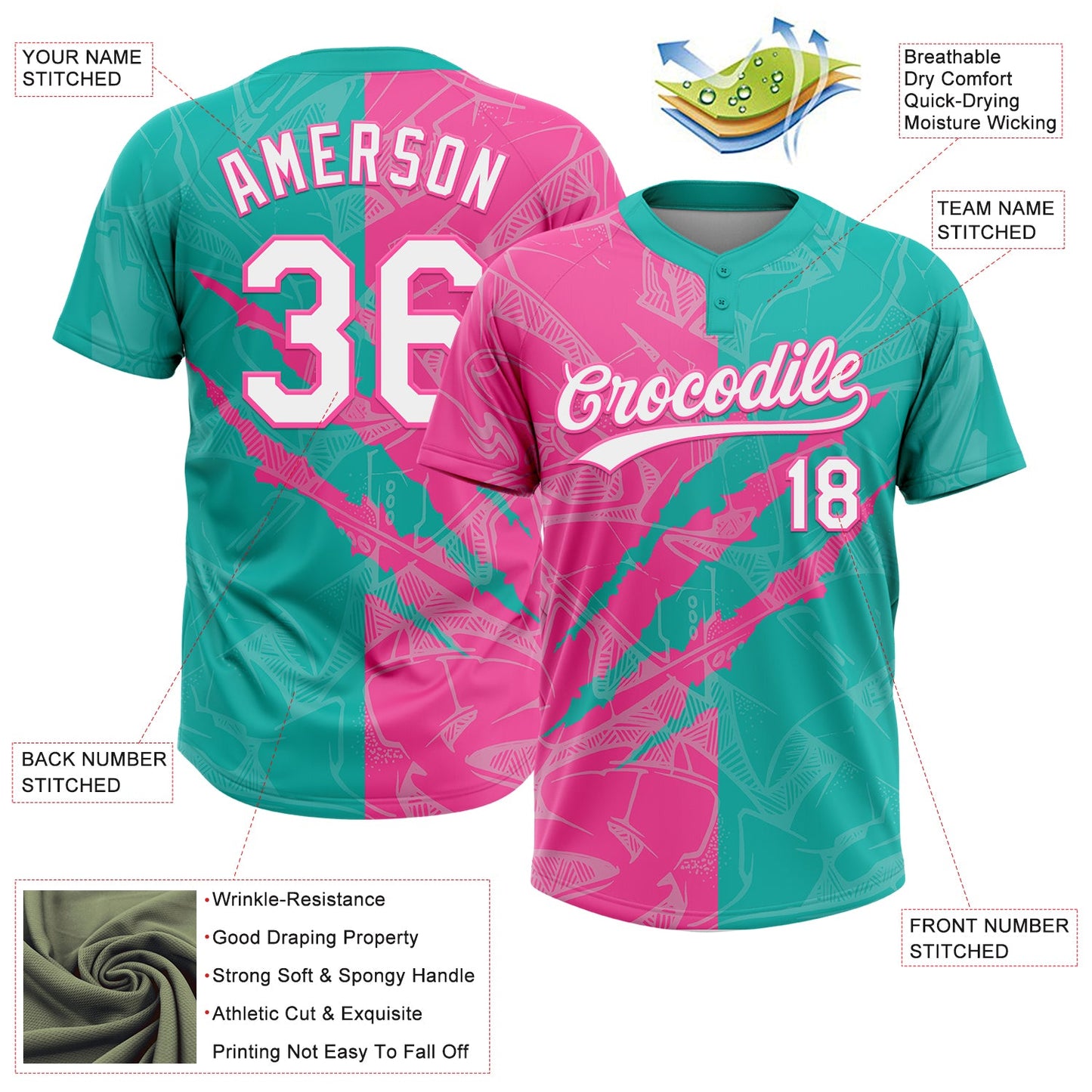 Custom Graffiti Pattern White Aqua-Pink 3D Scratch Two-Button Unisex Softball Jersey view 3