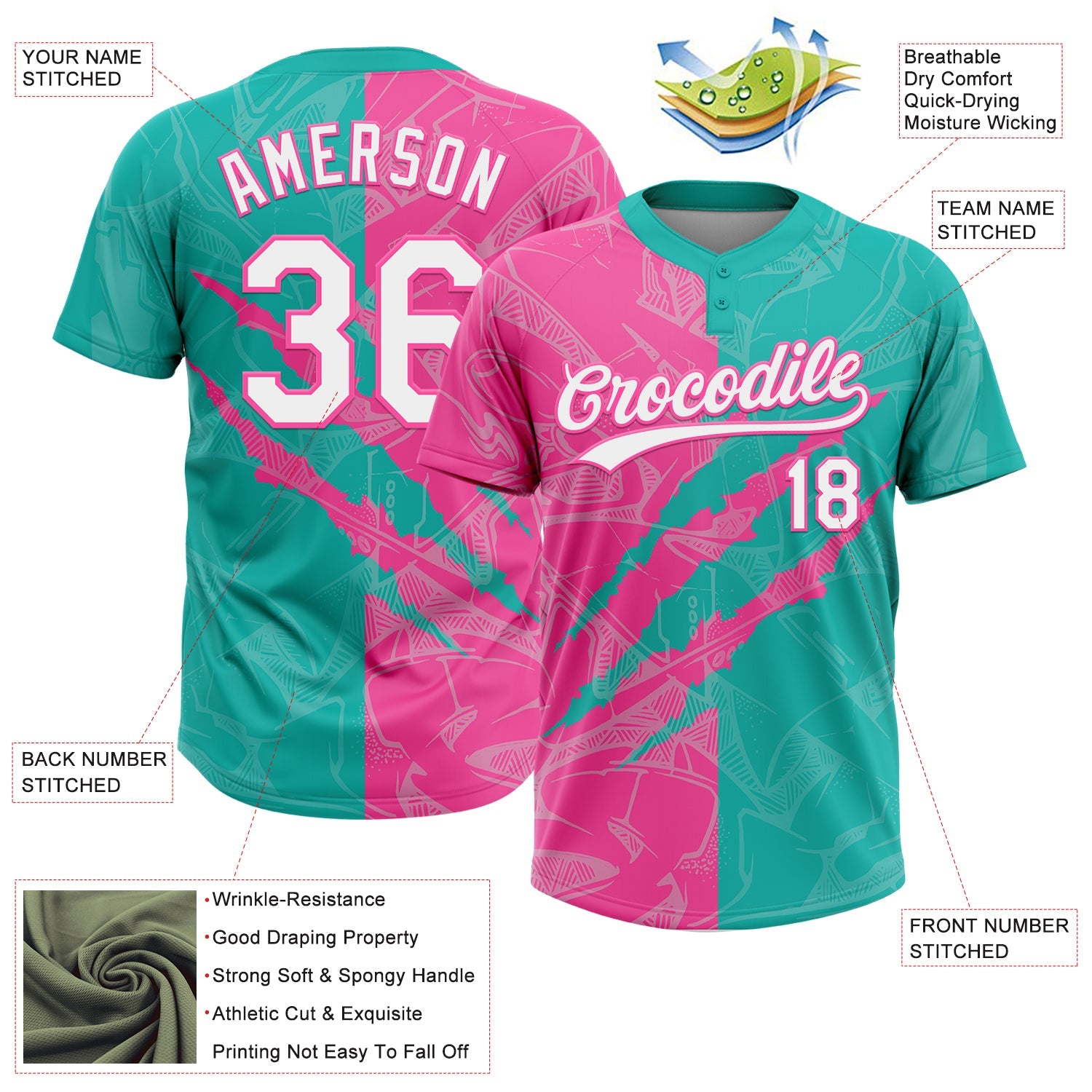Custom Graffiti Pattern White Aqua-Pink 3D Scratch Two-Button Unisex Softball Jersey view 3