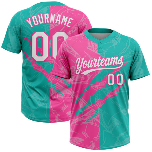 Custom Graffiti Pattern White Aqua-Pink 3D Scratch Two-Button Unisex Softball Jersey - Main View