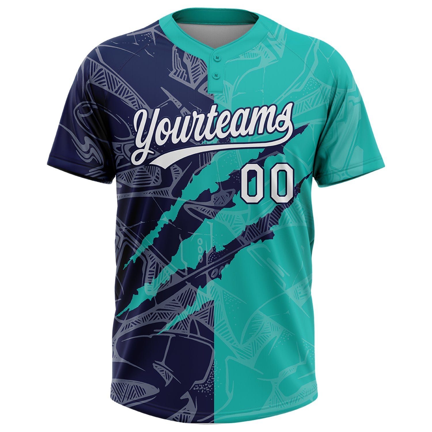 Custom Graffiti Pattern White Aqua-Navy 3D Scratch Two-Button Unisex Softball Jersey view 2