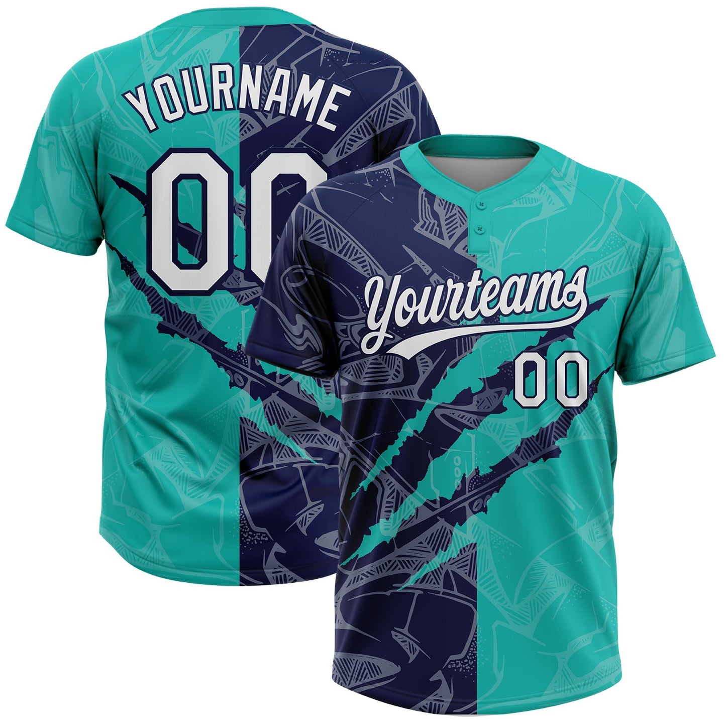 Custom Graffiti Pattern White Aqua-Navy 3D Scratch Two-Button Unisex Softball Jersey - Main View