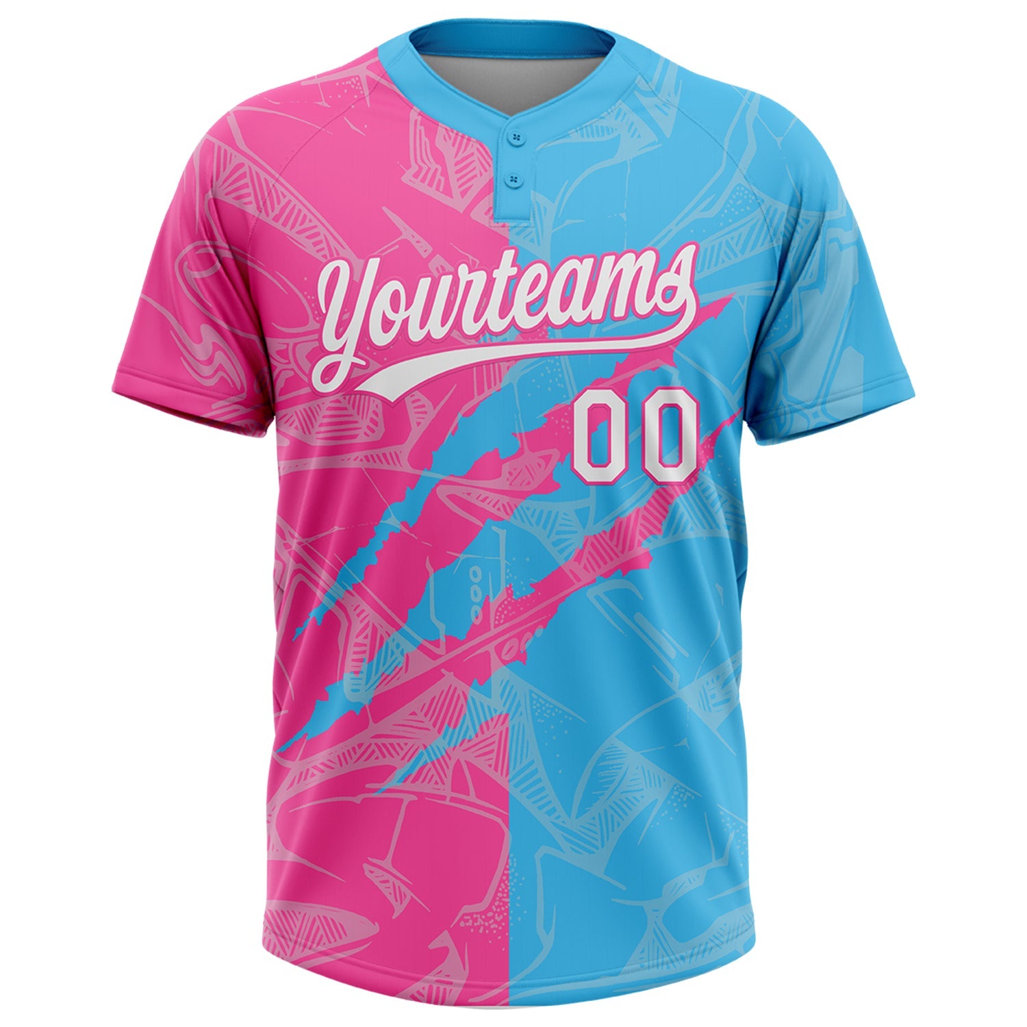 Custom Graffiti Pattern White Sky Blue-Pink 3D Scratch Two-Button Unisex Softball Jersey view 2