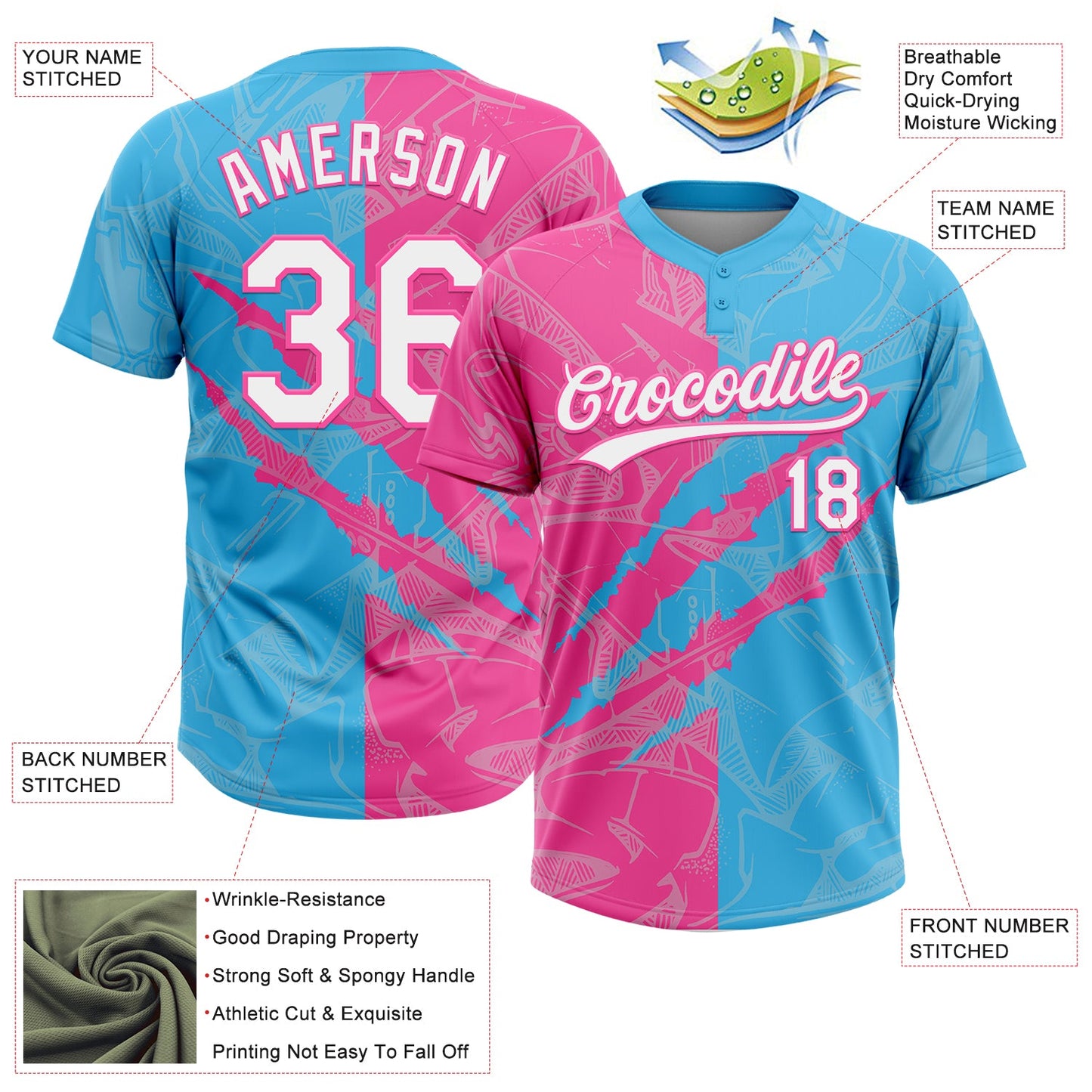Custom Graffiti Pattern White Sky Blue-Pink 3D Scratch Two-Button Unisex Softball Jersey view 3