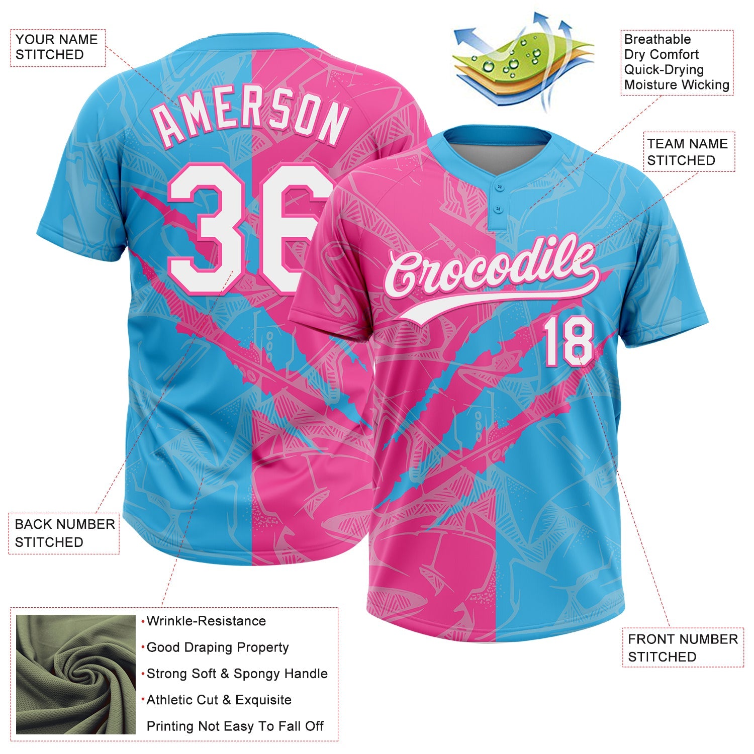Custom Graffiti Pattern White Sky Blue-Pink 3D Scratch Two-Button Unisex Softball Jersey view 3