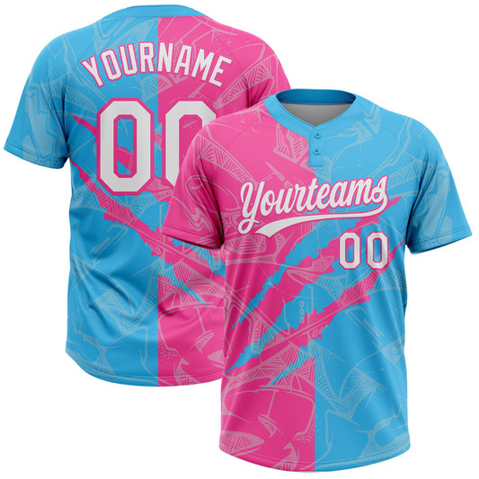 Custom Graffiti Pattern White Sky Blue-Pink 3D Scratch Two-Button Unisex Softball Jersey - Main View