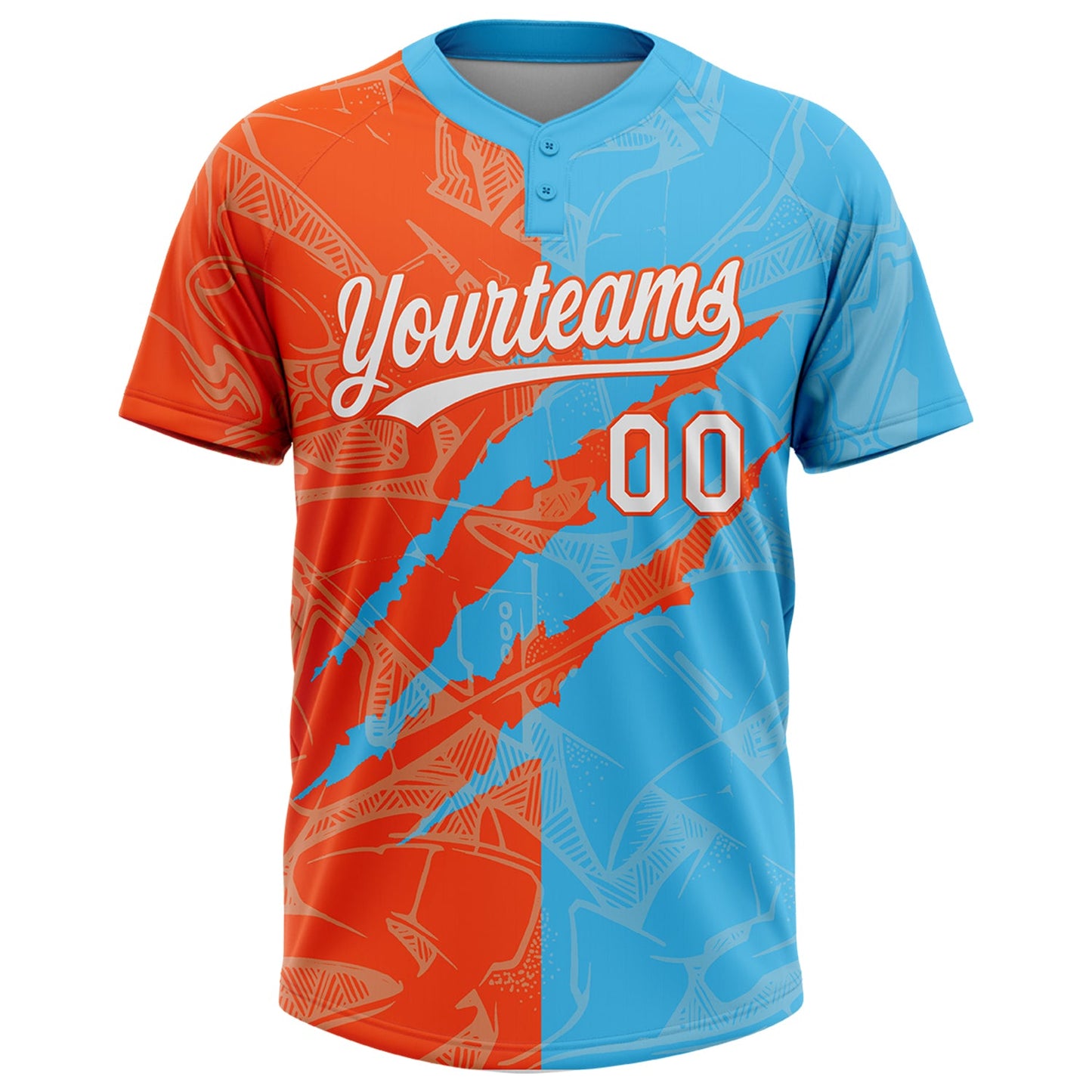 Custom Graffiti Pattern White Sky Blue-Orange 3D Scratch Two-Button Unisex Softball Jersey view 2