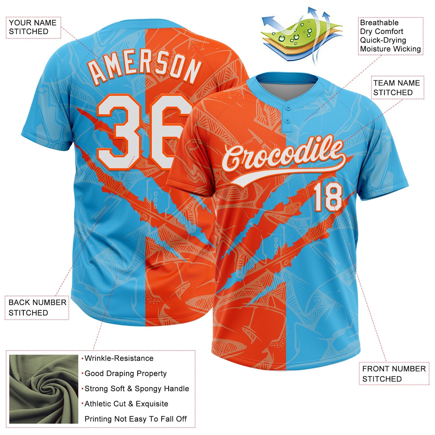 Custom Graffiti Pattern White Sky Blue-Orange 3D Scratch Two-Button Unisex Softball Jersey view 3