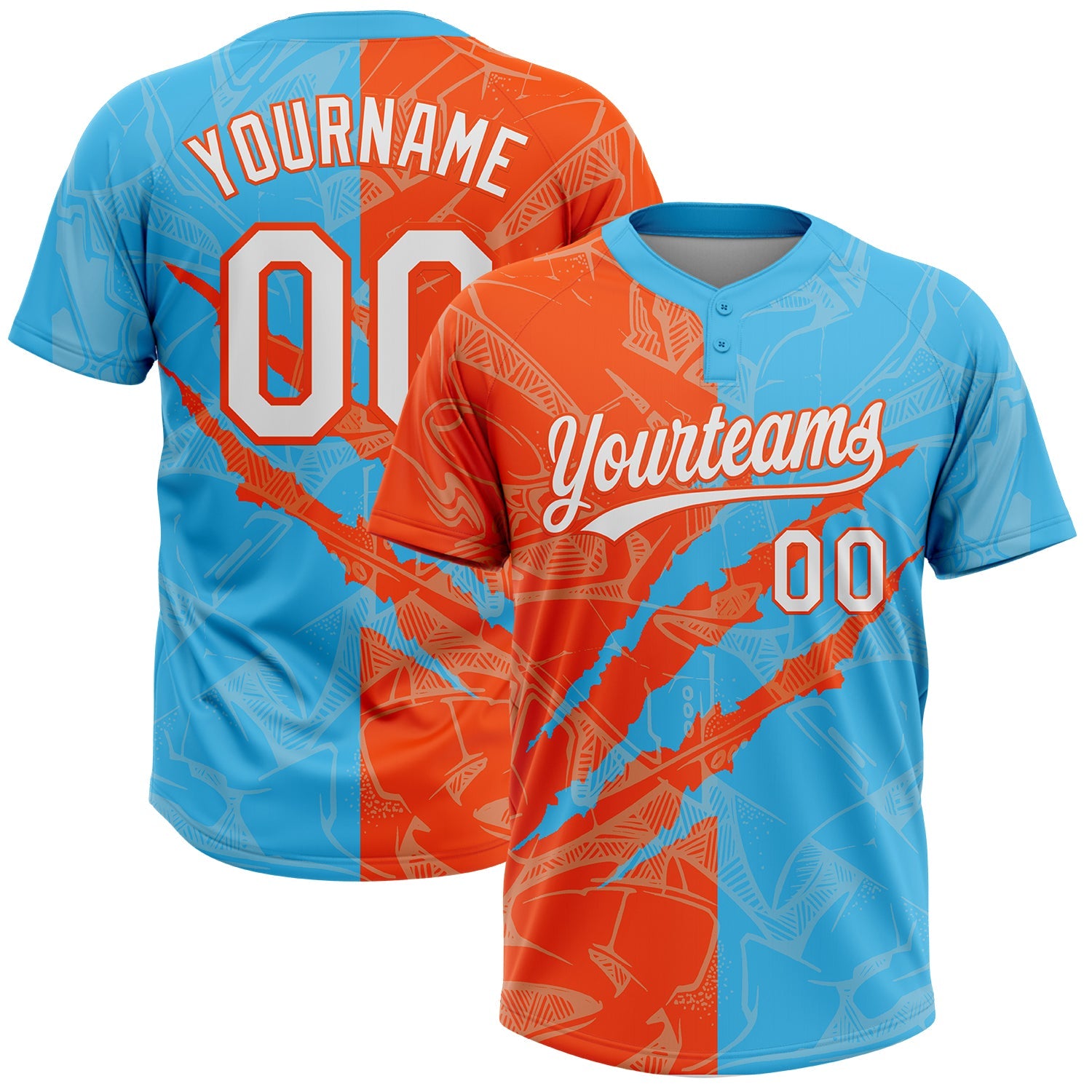Custom Graffiti Pattern White Sky Blue-Orange 3D Scratch Two-Button Unisex Softball Jersey - Main View