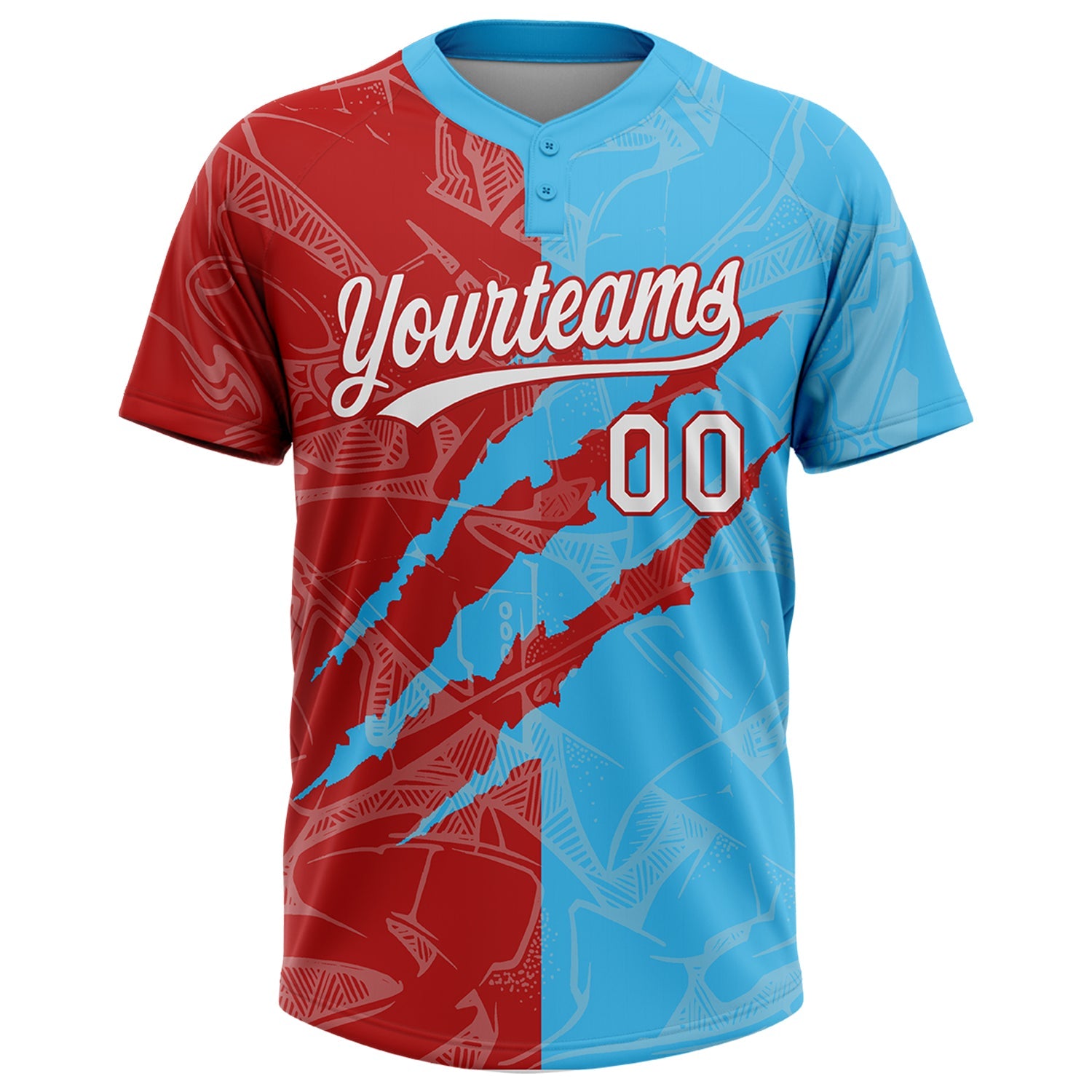 Custom Graffiti Pattern White Sky Blue-Red 3D Scratch Two-Button Unisex Softball Jersey view 2