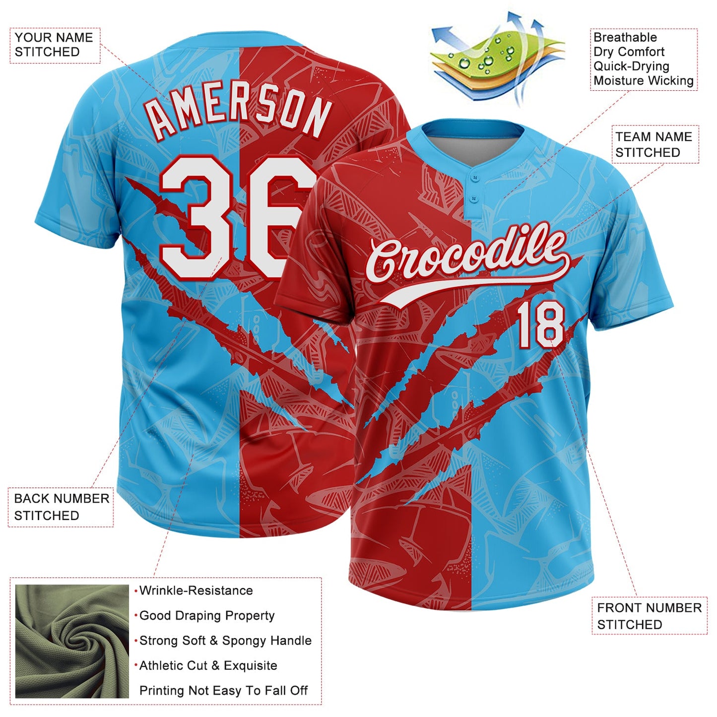 Custom Graffiti Pattern White Sky Blue-Red 3D Scratch Two-Button Unisex Softball Jersey view 3