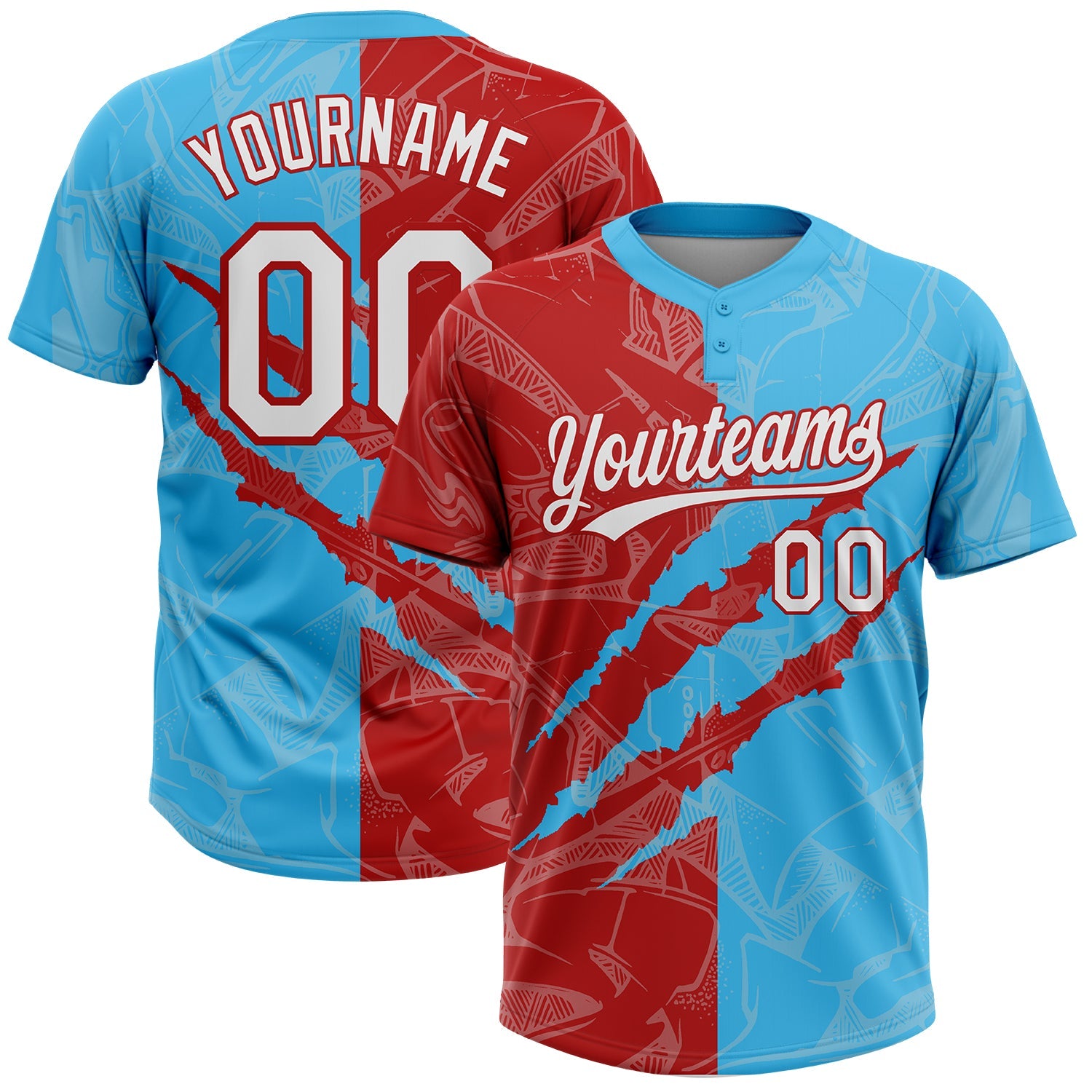 Custom Graffiti Pattern White Sky Blue-Red 3D Scratch Two-Button Unisex Softball Jersey - Main View
