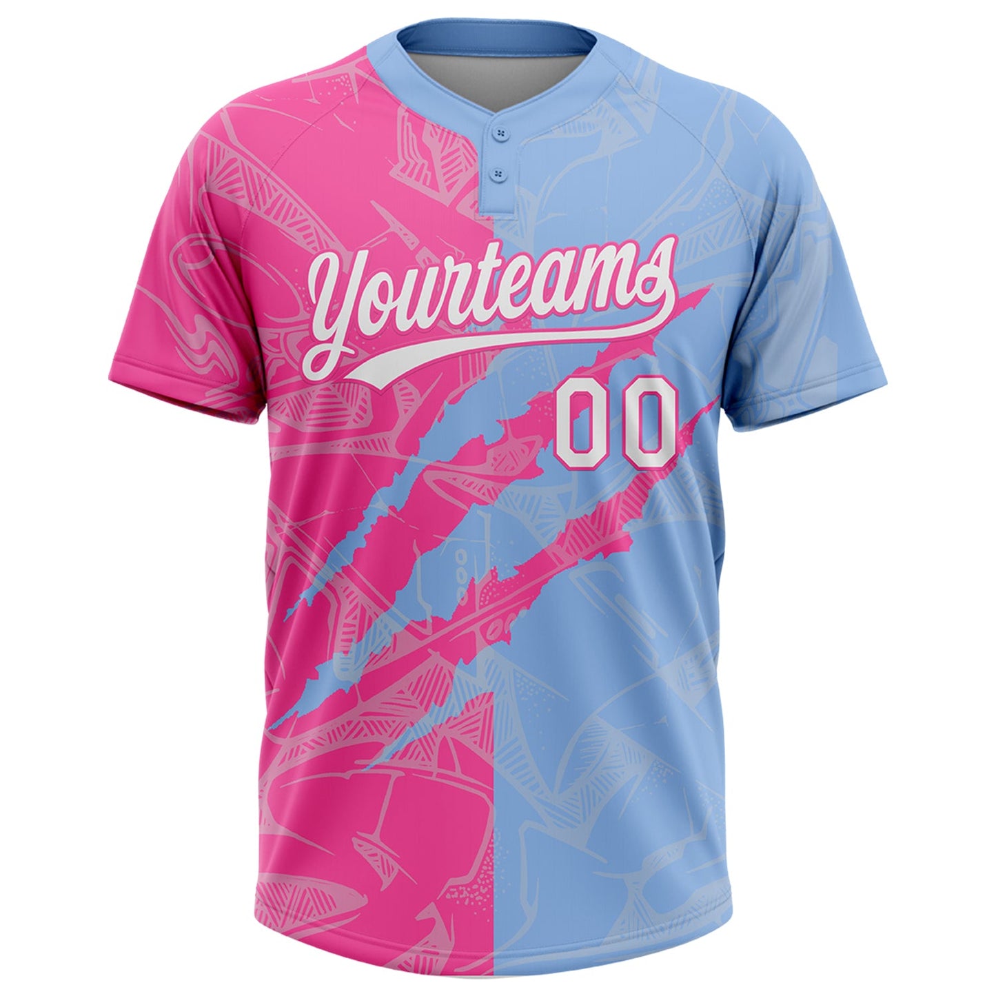 Custom Graffiti Pattern White Light Blue-Pink 3D Scratch Two-Button Unisex Softball Jersey view 2