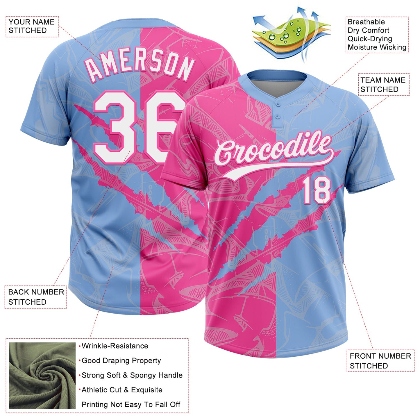 Custom Graffiti Pattern White Light Blue-Pink 3D Scratch Two-Button Unisex Softball Jersey view 3