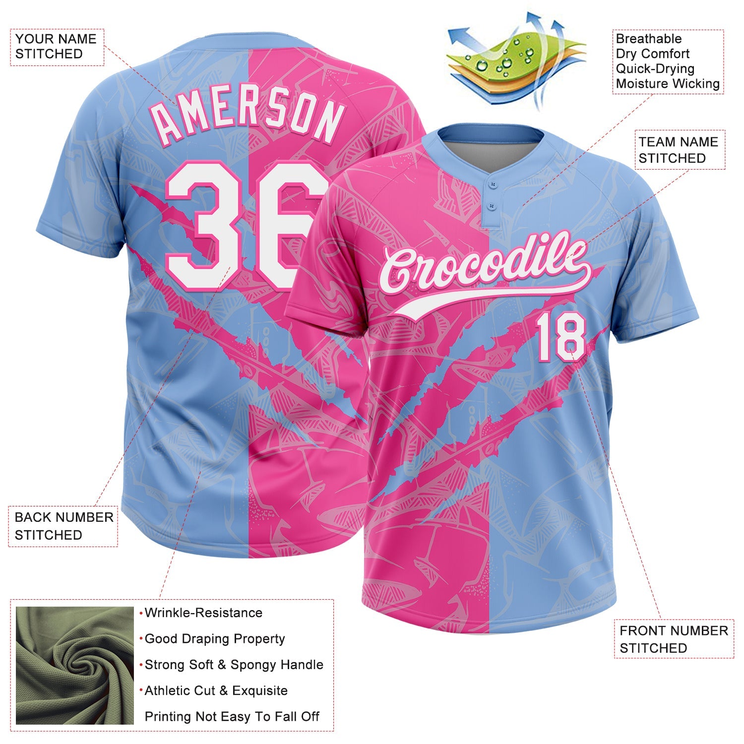 Custom Graffiti Pattern White Light Blue-Pink 3D Scratch Two-Button Unisex Softball Jersey view 3
