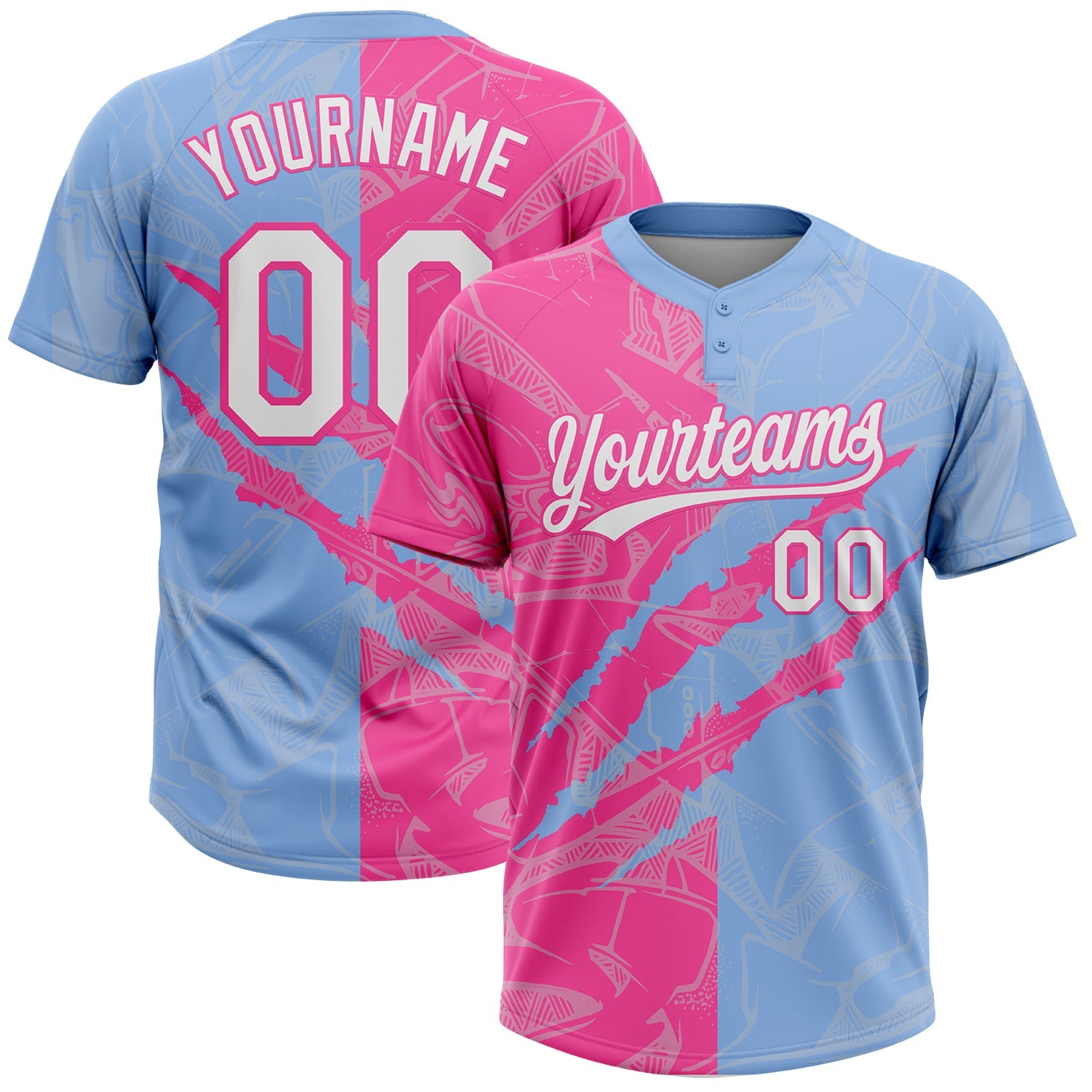 Custom Graffiti Pattern White Light Blue-Pink 3D Scratch Two-Button Unisex Softball Jersey - Main View