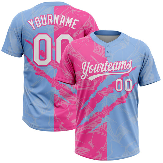 Custom Graffiti Pattern White Light Blue-Pink 3D Scratch Two-Button Unisex Softball Jersey - Main View