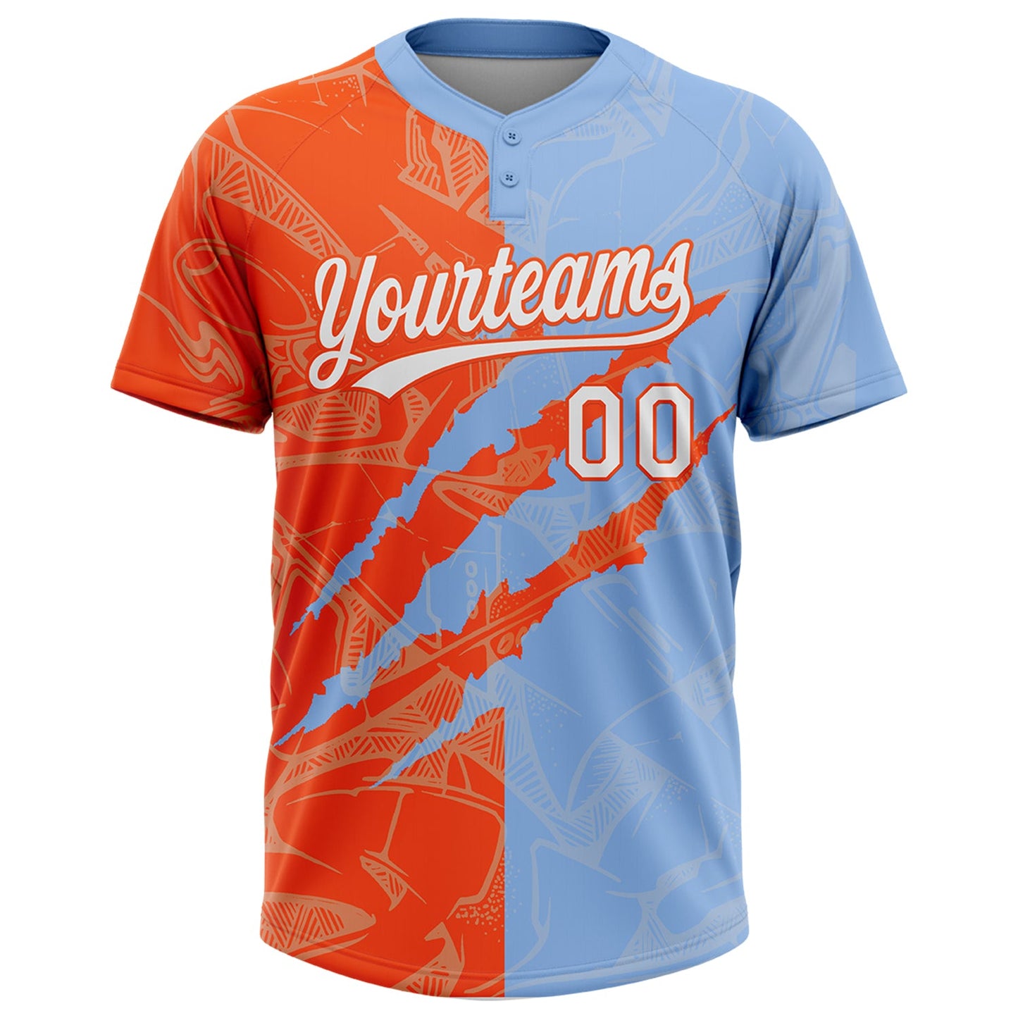 Custom Graffiti Pattern White Light Blue-Orange 3D Scratch Two-Button Unisex Softball Jersey view 2