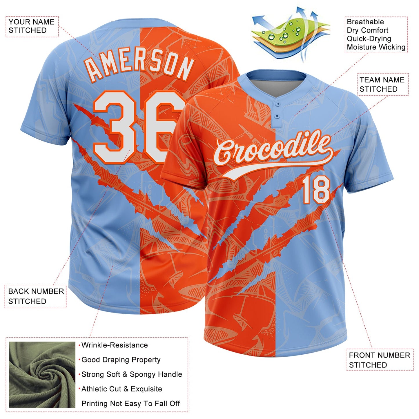Custom Graffiti Pattern White Light Blue-Orange 3D Scratch Two-Button Unisex Softball Jersey view 3