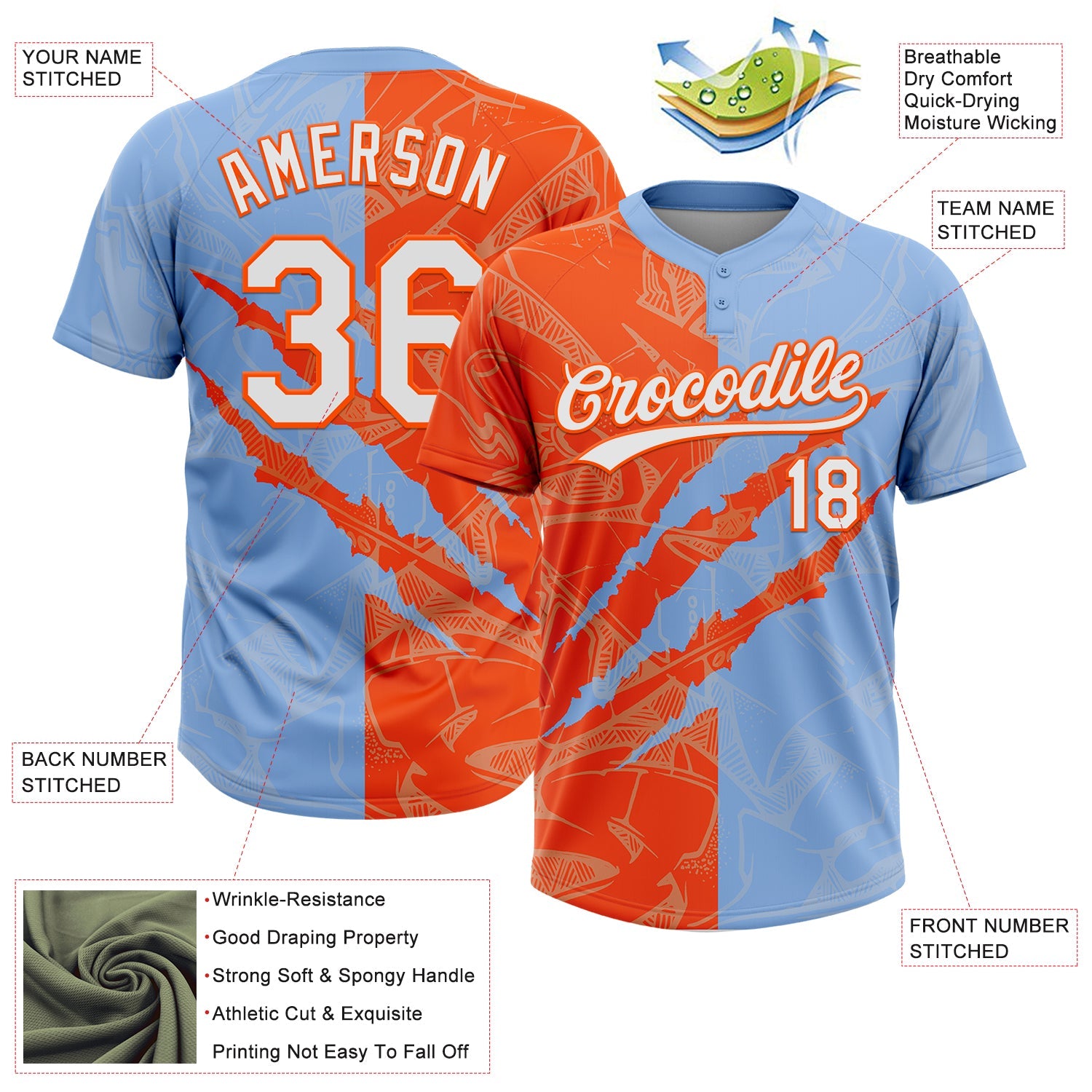 Custom Graffiti Pattern White Light Blue-Orange 3D Scratch Two-Button Unisex Softball Jersey view 3