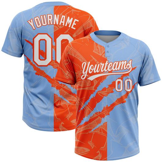 Custom Graffiti Pattern White Light Blue-Orange 3D Scratch Two-Button Unisex Softball Jersey - Main View