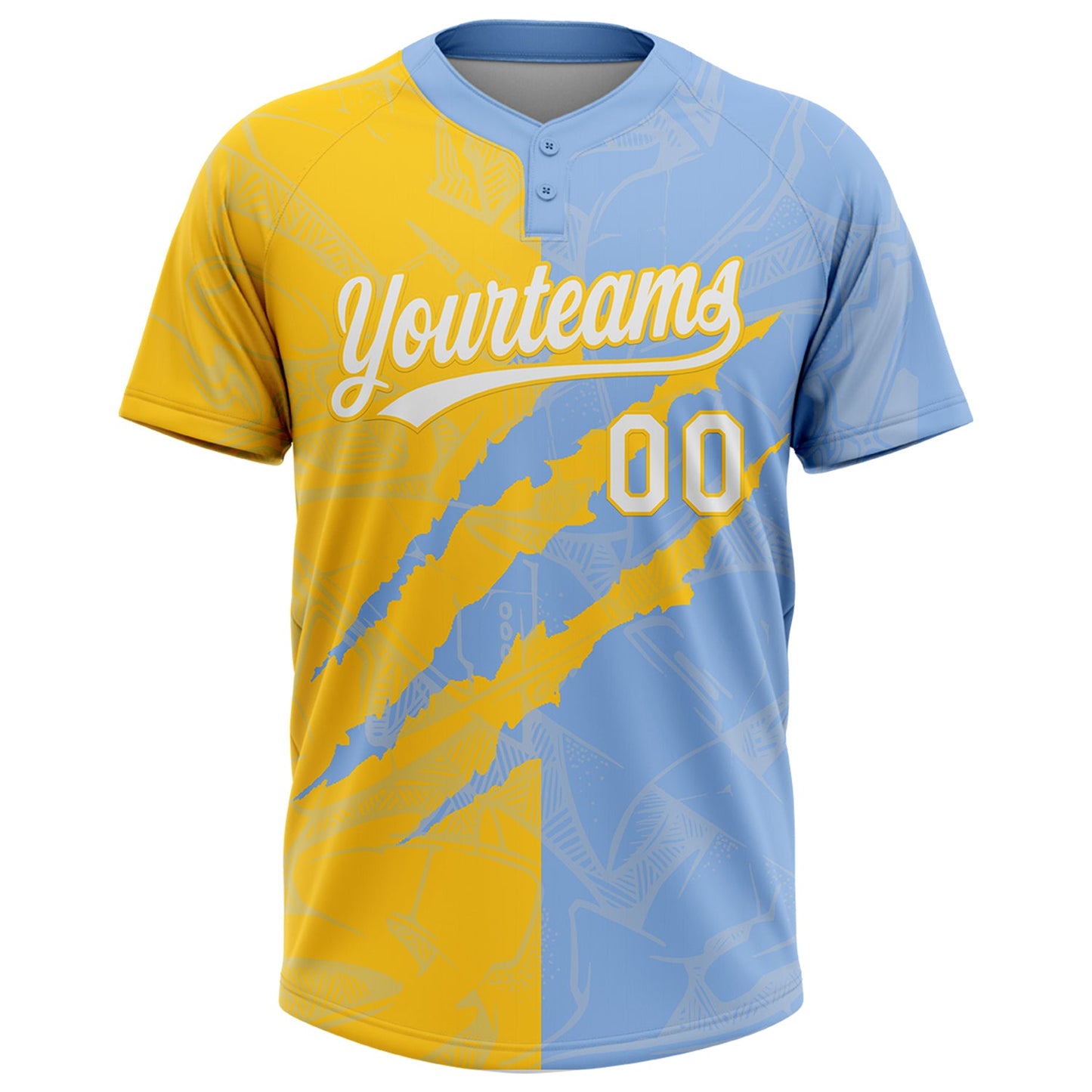 Custom Graffiti Pattern White Light Blue-Yellow 3D Scratch Two-Button Unisex Softball Jersey view 2