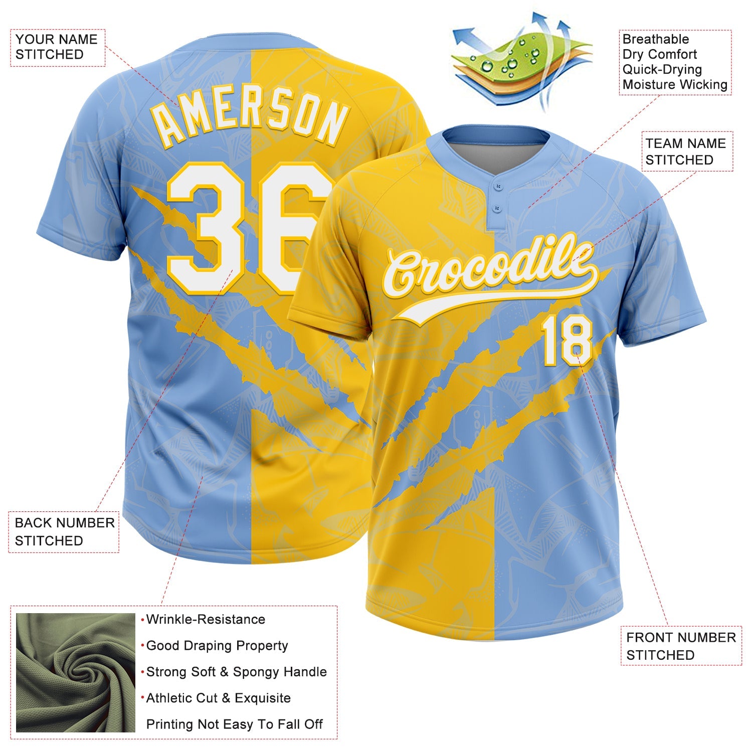 Custom Graffiti Pattern White Light Blue-Yellow 3D Scratch Two-Button Unisex Softball Jersey view 3