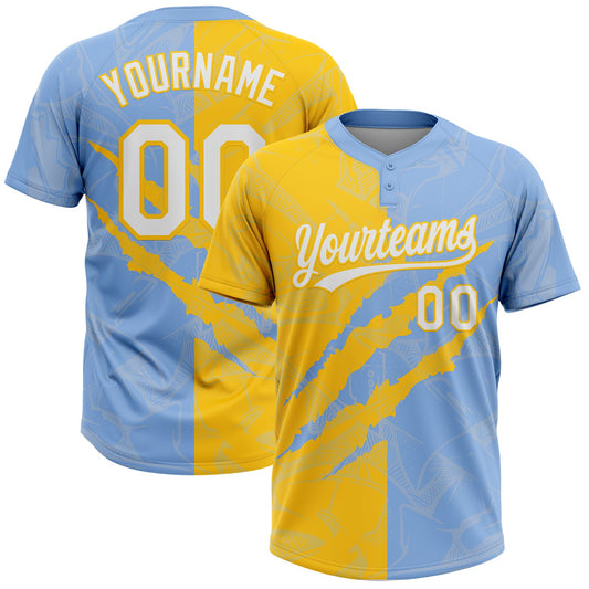 Custom Graffiti Pattern White Light Blue-Yellow 3D Scratch Two-Button Unisex Softball Jersey - Main View