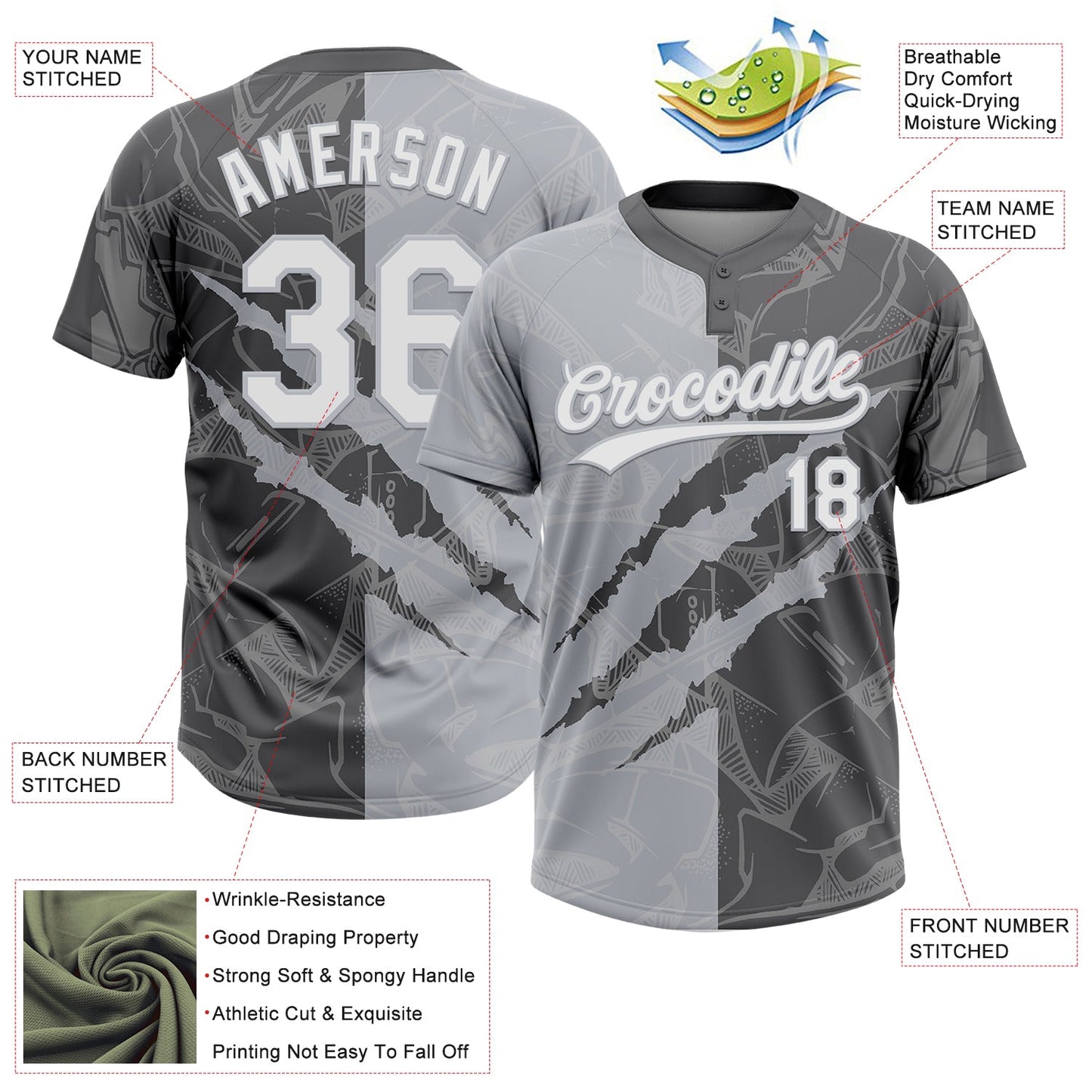 Custom Graffiti Pattern White Steel Gray-Gray 3D Scratch Two-Button Unisex Softball Jersey view 3