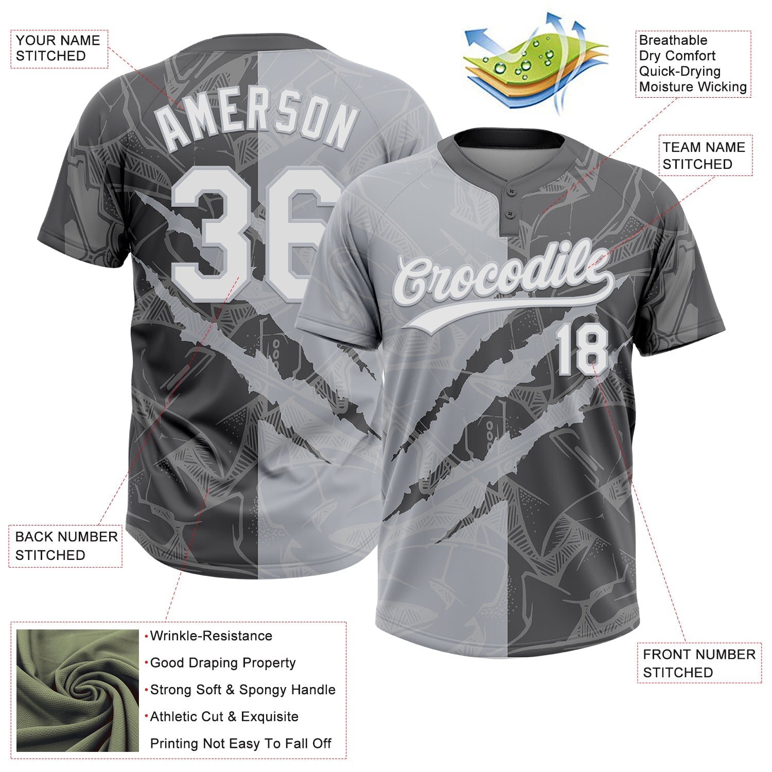 Custom Graffiti Pattern White Steel Gray-Gray 3D Scratch Two-Button Unisex Softball Jersey view 3