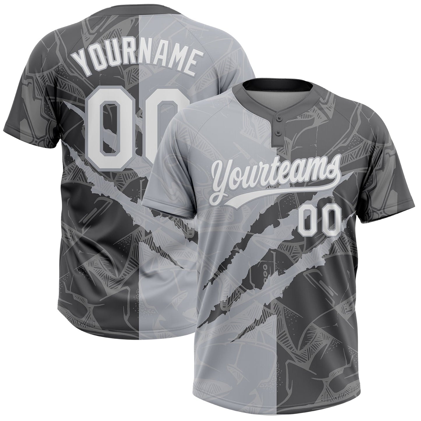 Custom Graffiti Pattern White Steel Gray-Gray 3D Scratch Two-Button Unisex Softball Jersey - Main View