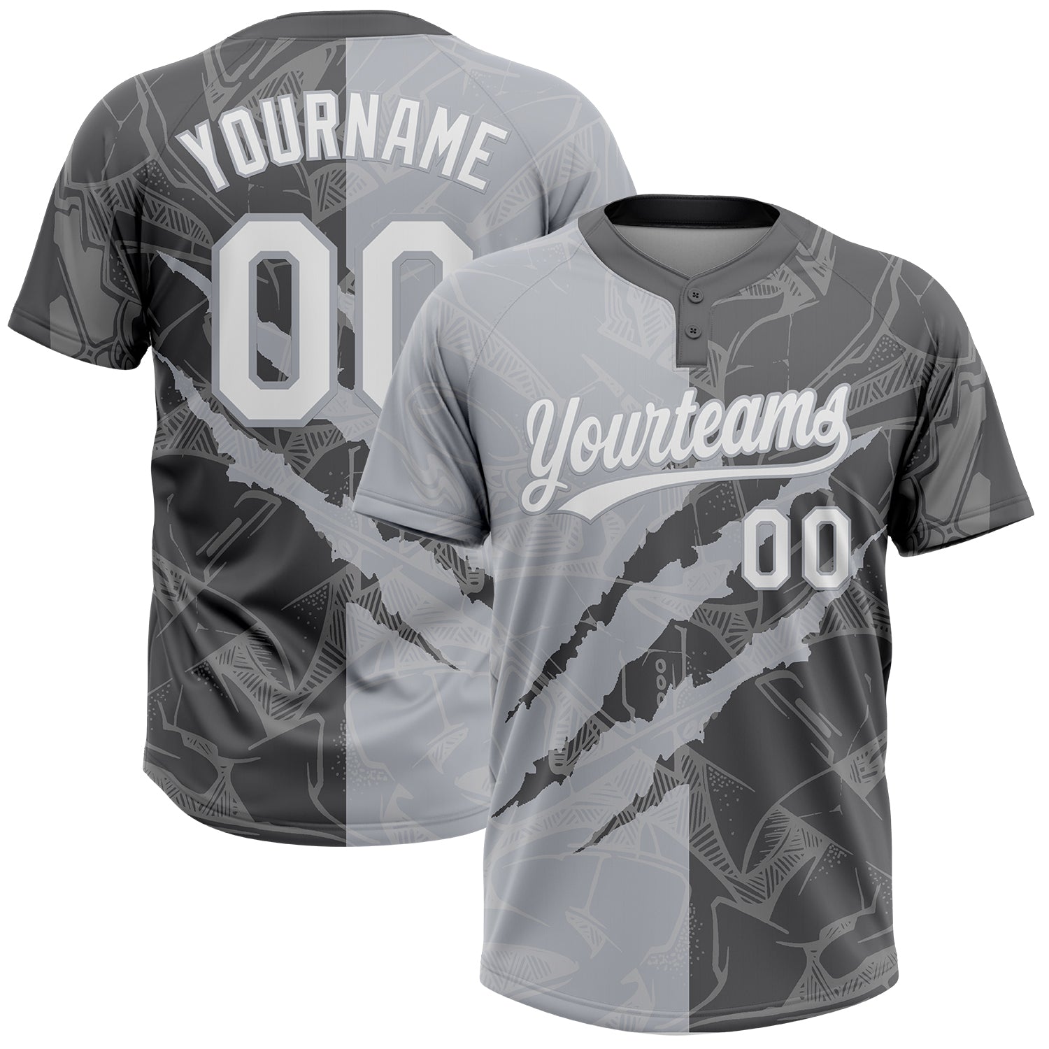 Custom Graffiti Pattern White Steel Gray-Gray 3D Scratch Two-Button Unisex Softball Jersey - Main View