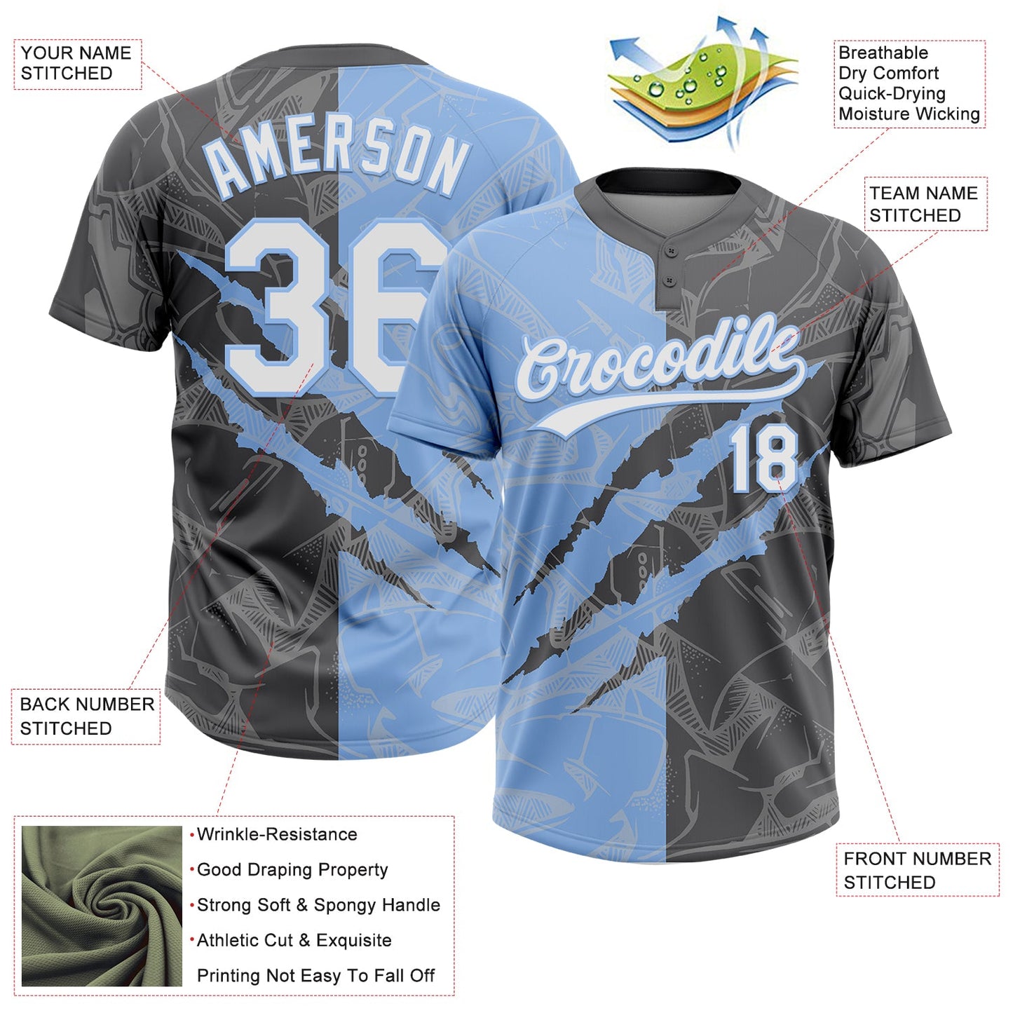 Custom Graffiti Pattern White Steel Gray-Light Blue 3D Scratch Two-Button Unisex Softball Jersey view 3