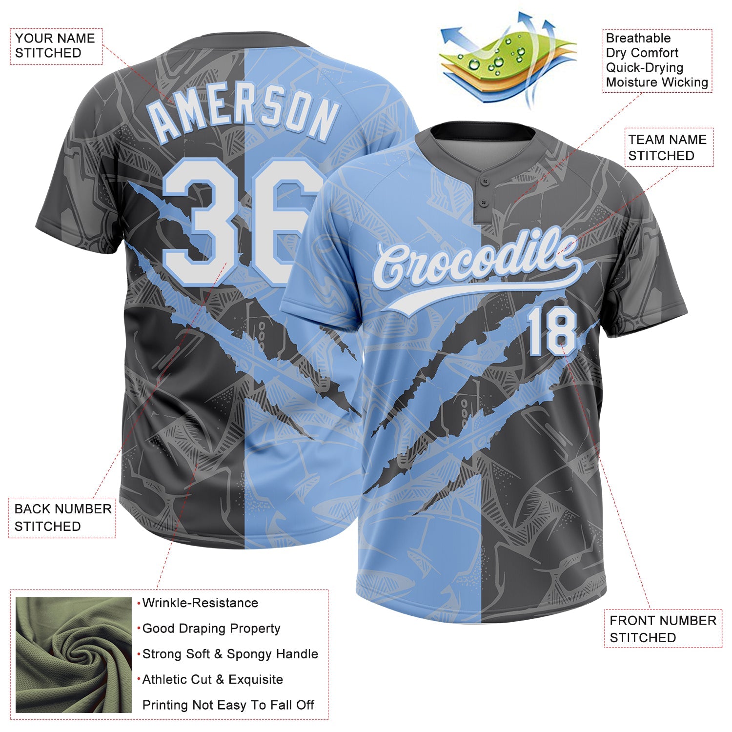 Custom Graffiti Pattern White Steel Gray-Light Blue 3D Scratch Two-Button Unisex Softball Jersey view 3
