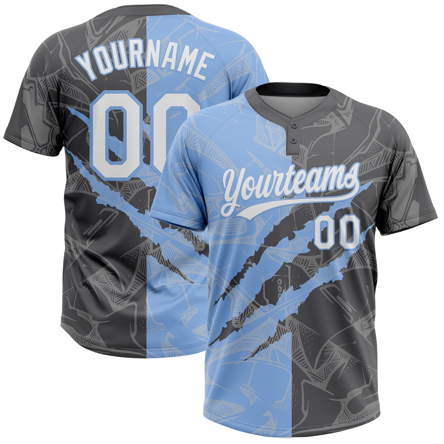 Custom Graffiti Pattern White Steel Gray-Light Blue 3D Scratch Two-Button Unisex Softball Jersey - Main View