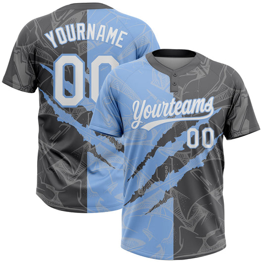 Custom Graffiti Pattern White Steel Gray-Light Blue 3D Scratch Two-Button Unisex Softball Jersey - Main View
