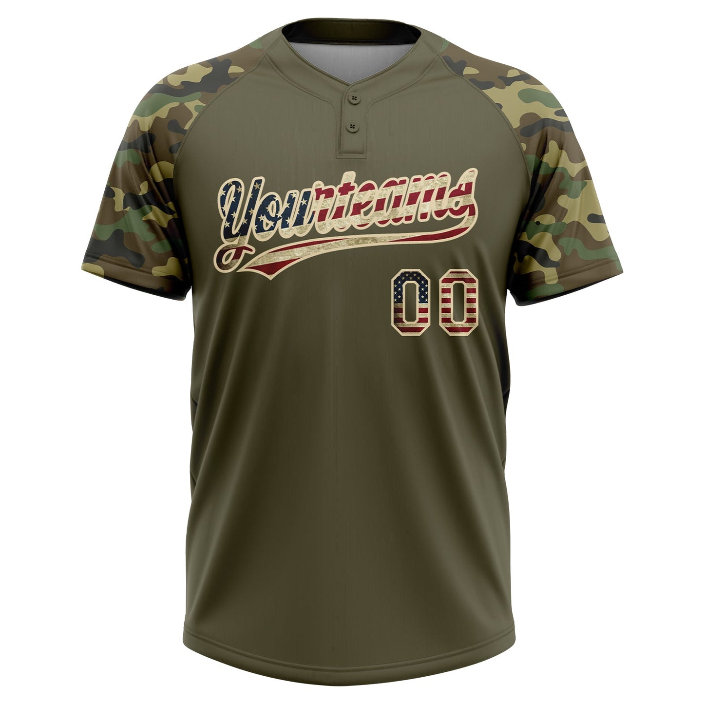 Custom Olive Vintage USA Flag-Cream Salute To Service Camo Raglan Sleeves Two-Button Unisex Softball Jersey view 2