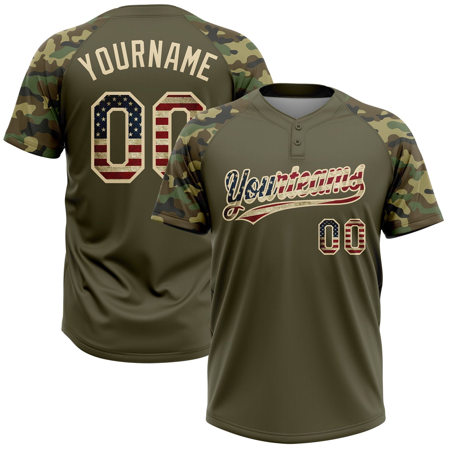 Custom Olive Vintage USA Flag-Cream Salute To Service Camo Raglan Sleeves Two-Button Unisex Softball Jersey - Main View