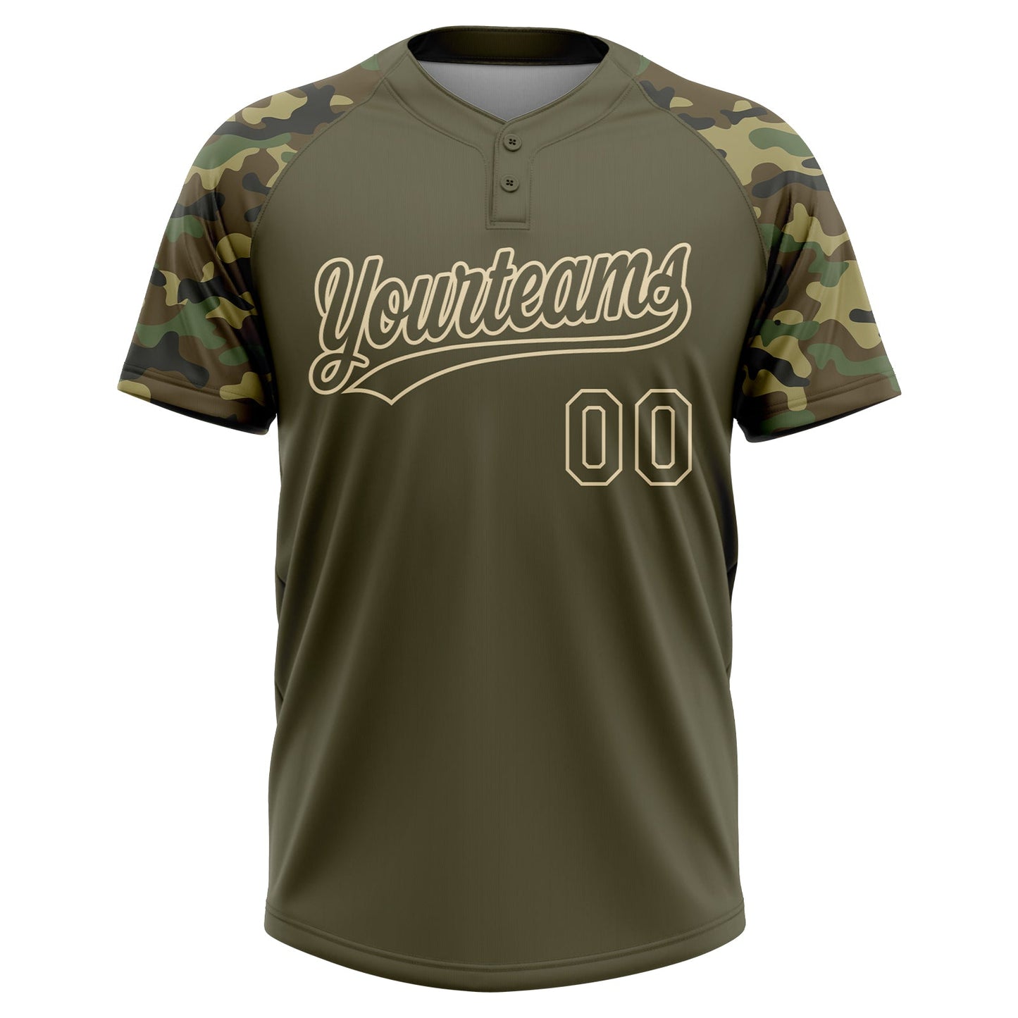 Custom Olive Cream Salute To Service Camo Raglan Sleeves Two-Button Unisex Softball Jersey view 2