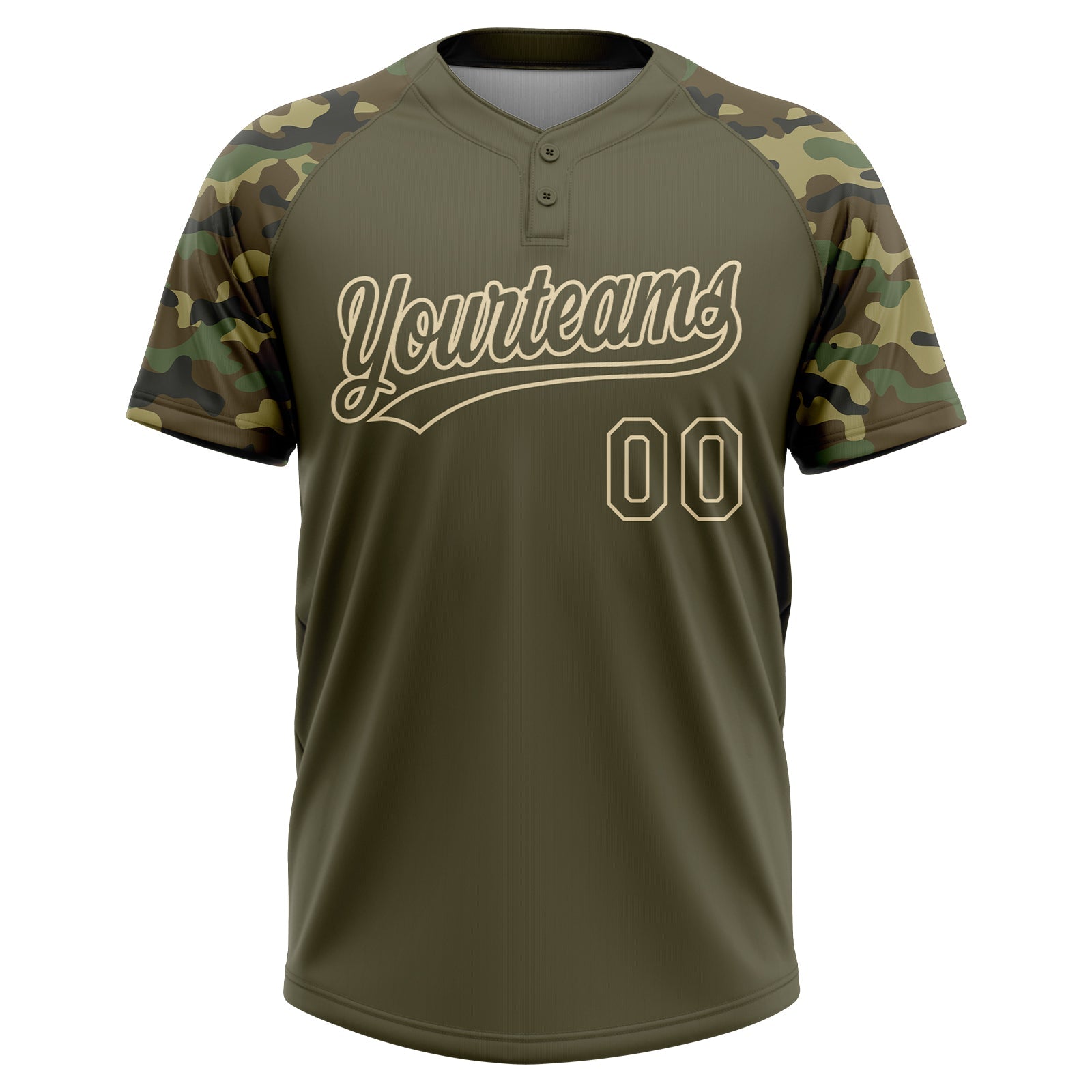 Custom Olive Cream Salute To Service Camo Raglan Sleeves Two-Button Unisex Softball Jersey view 2