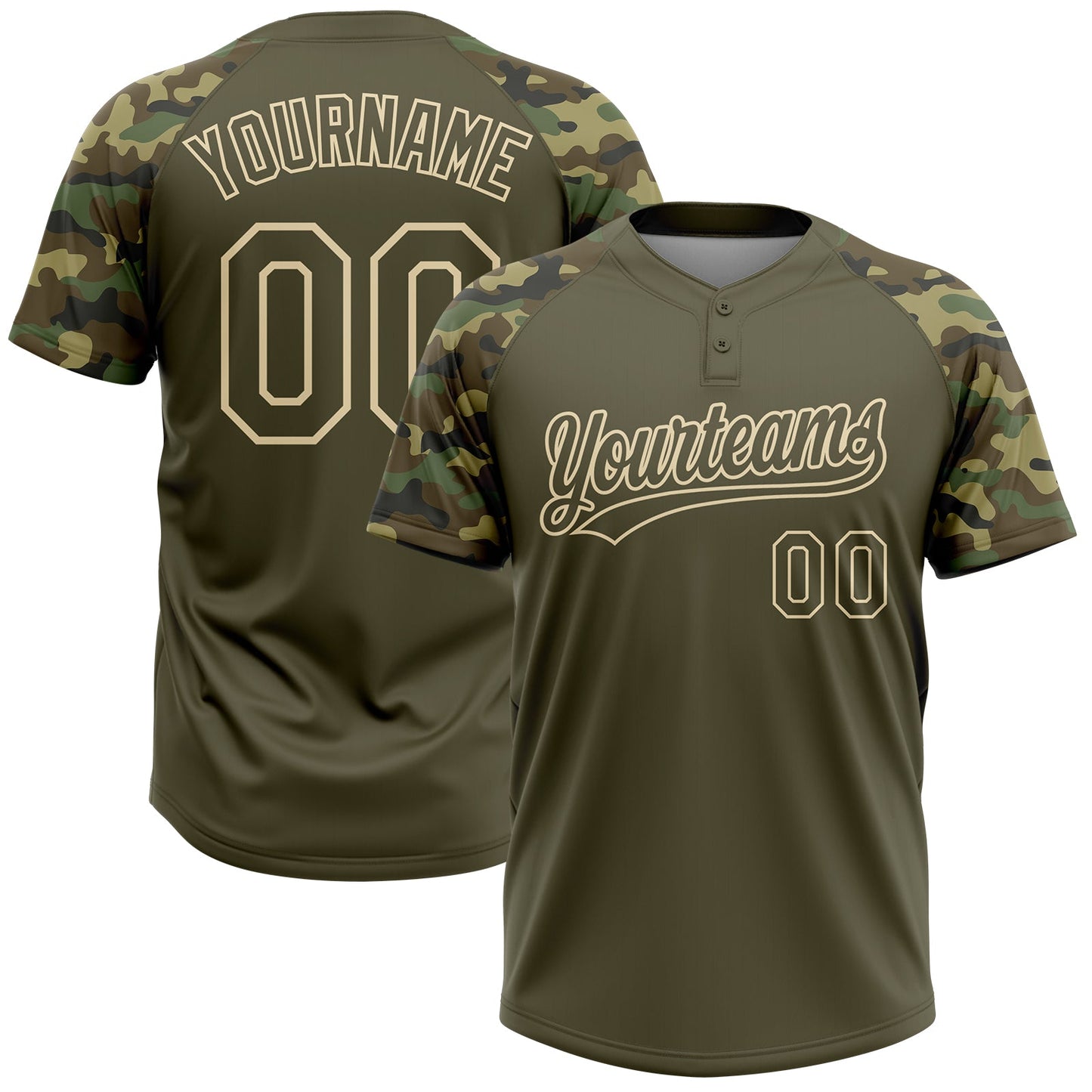 Custom Olive Cream Salute To Service Camo Raglan Sleeves Two-Button Unisex Softball Jersey - Main View