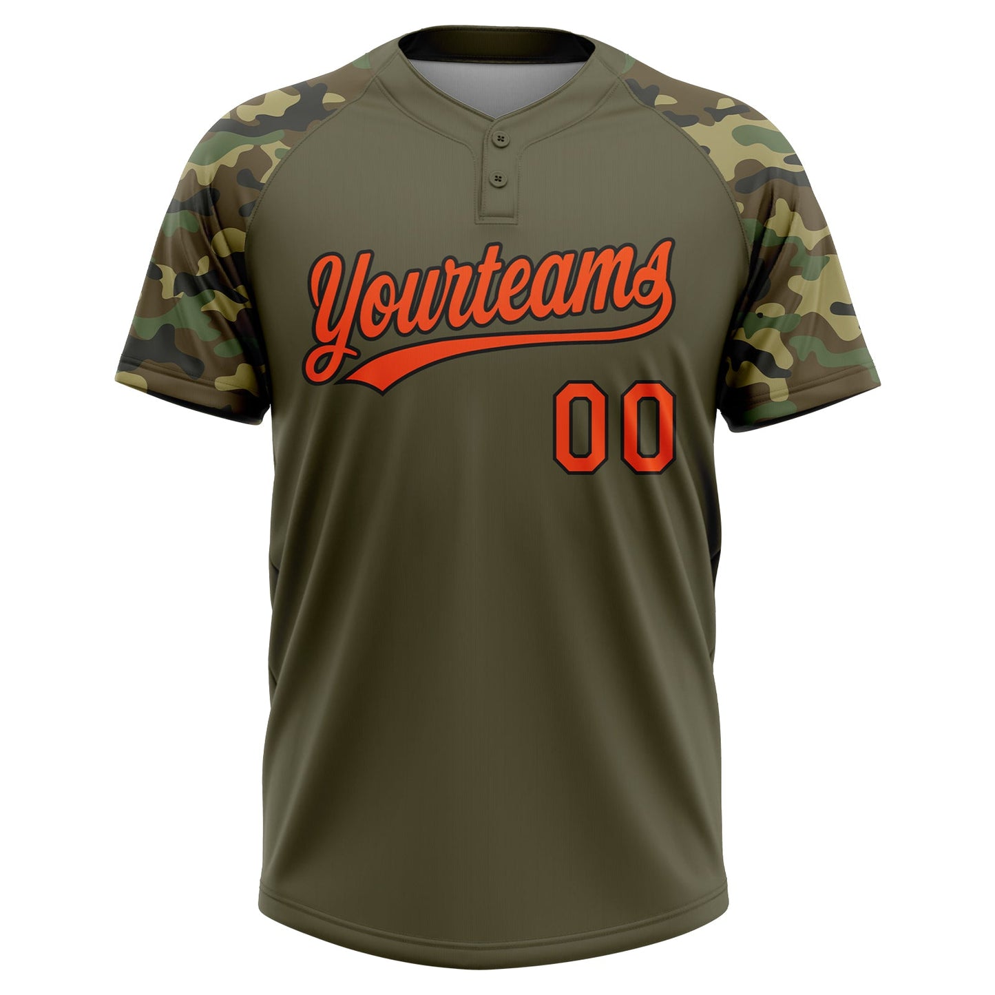 Custom Olive Orange-Black Salute To Service Camo Raglan Sleeves Two-Button Unisex Softball Jersey view 2