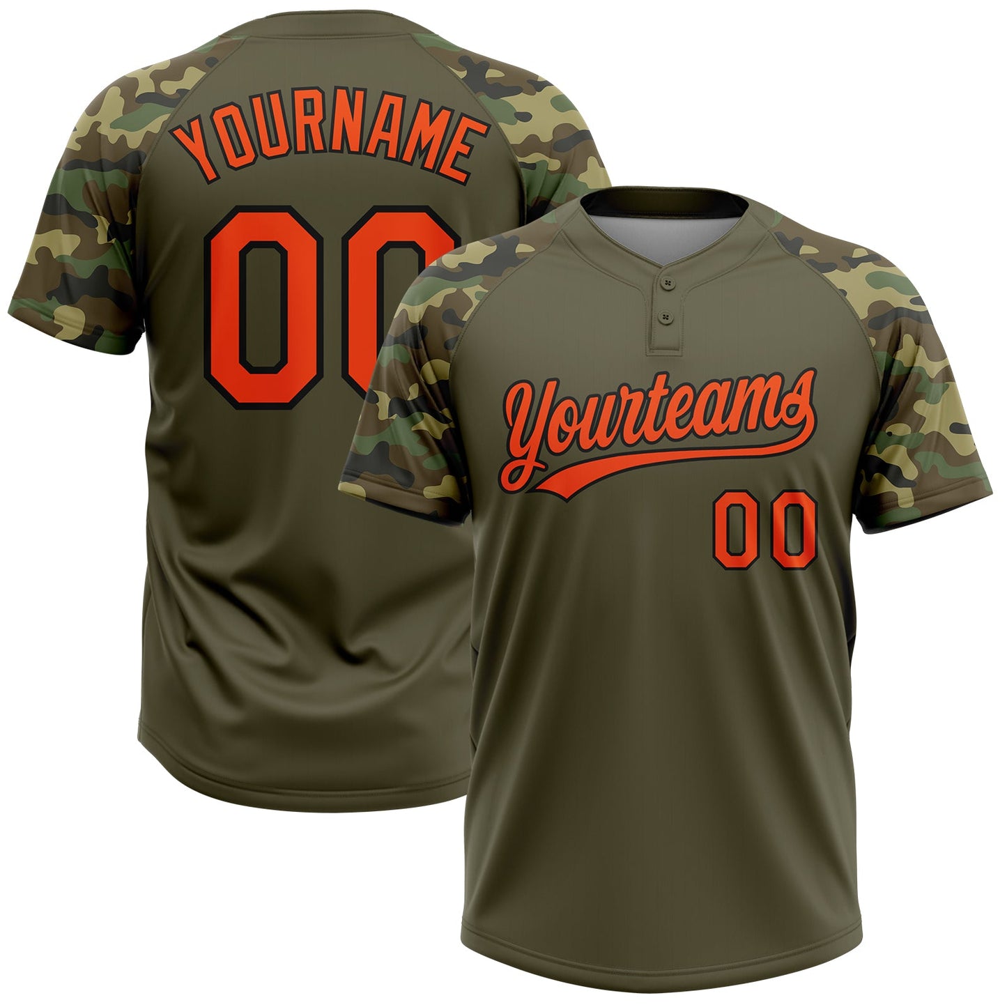 Custom Olive Orange-Black Salute To Service Camo Raglan Sleeves Two-Button Unisex Softball Jersey - Main View