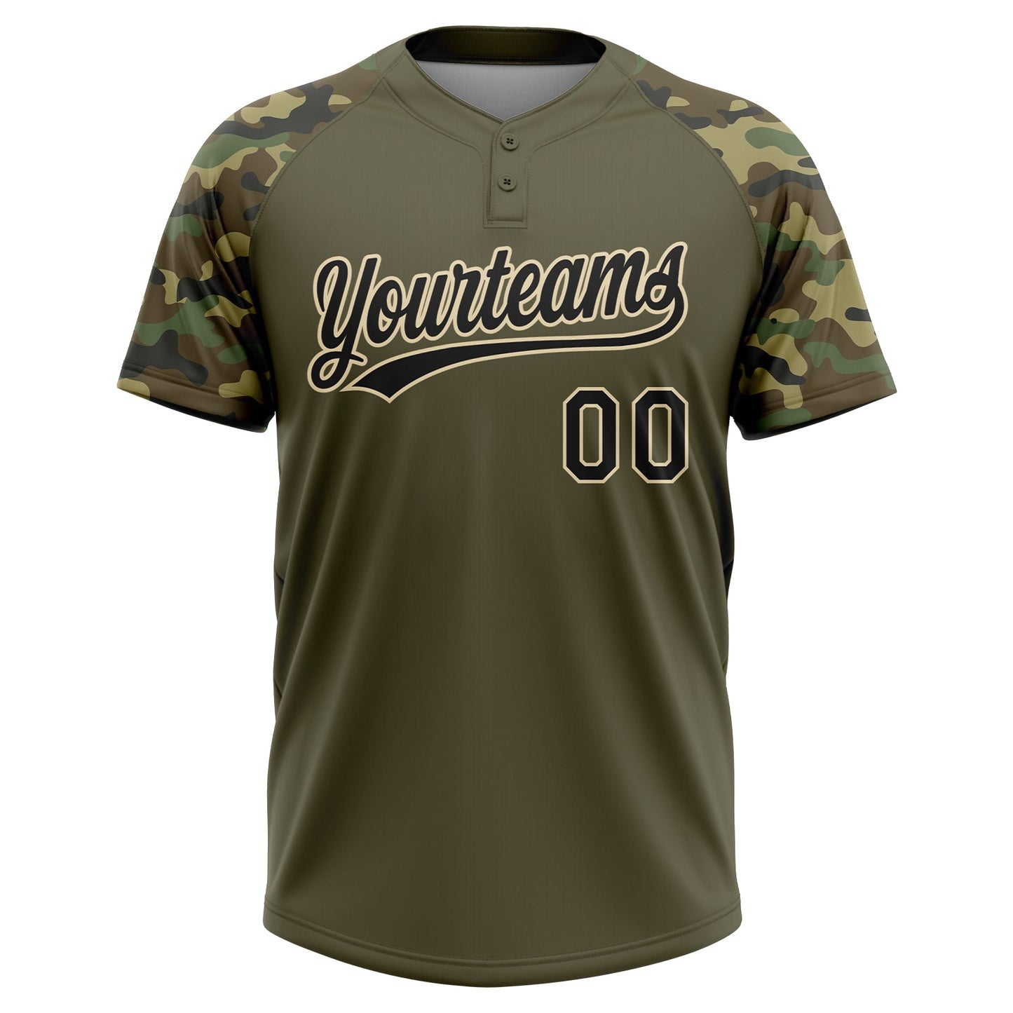Custom Olive Black-Cream Salute To Service Camo Raglan Sleeves Two-Button Unisex Softball Jersey view 2