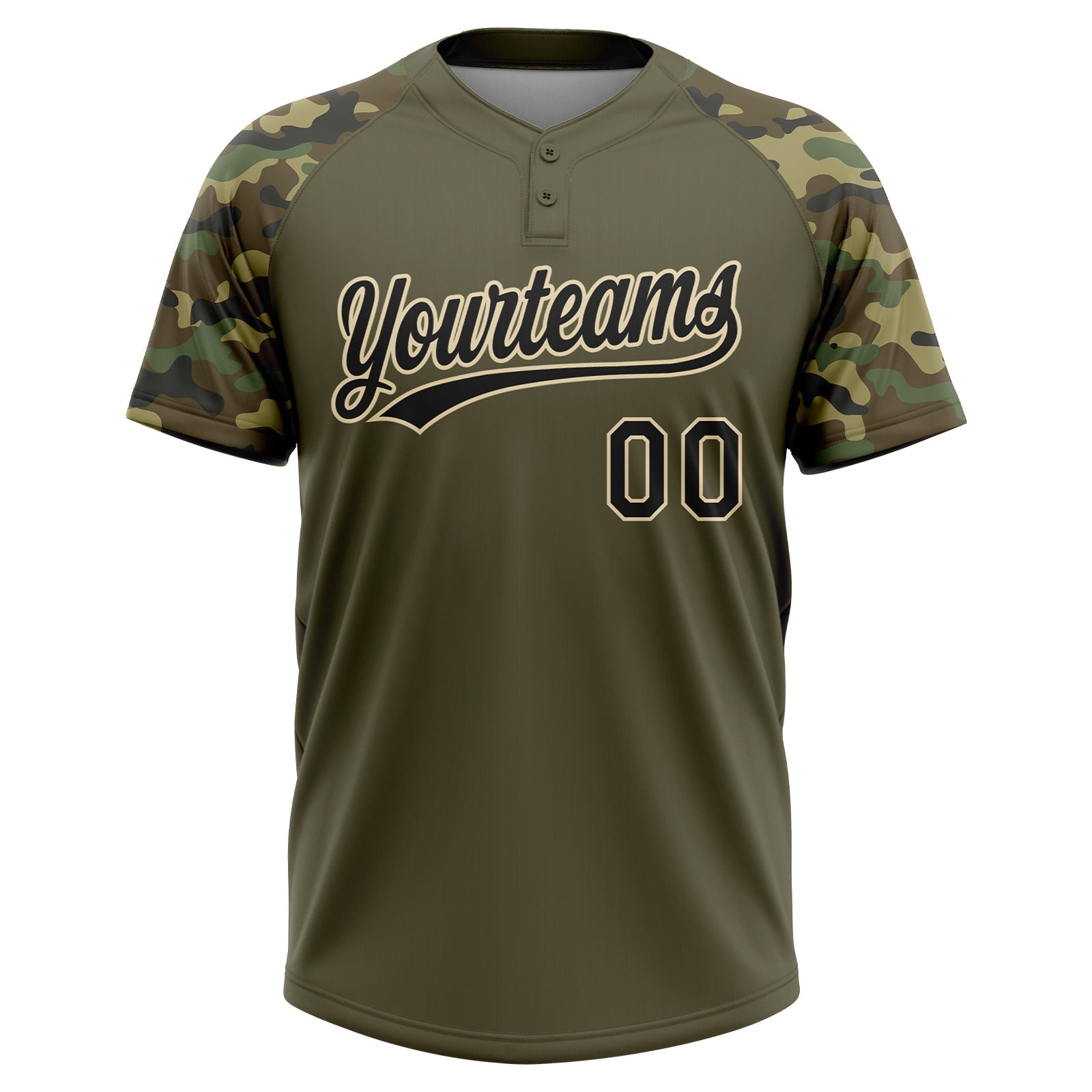 Custom Olive Black-Cream Salute To Service Camo Raglan Sleeves Two-Button Unisex Softball Jersey view 2