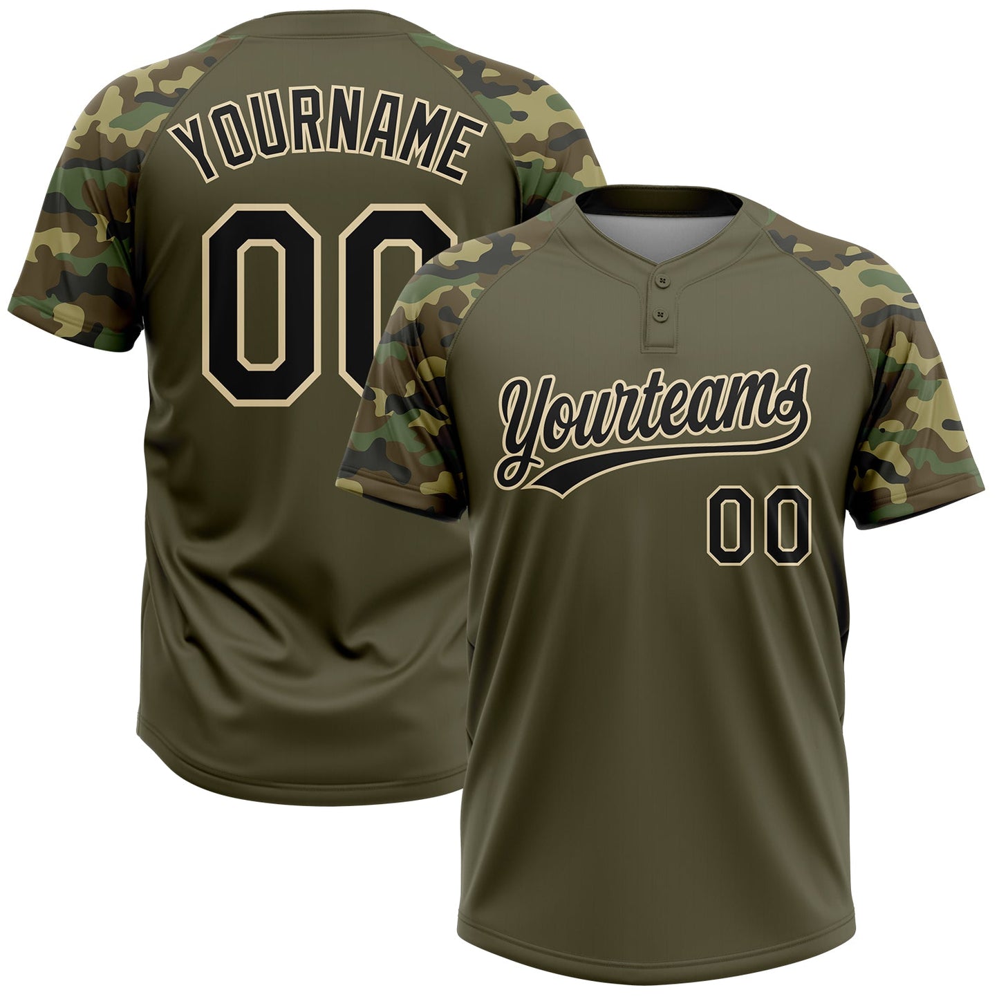 Custom Olive Black-Cream Salute To Service Camo Raglan Sleeves Two-Button Unisex Softball Jersey - Main View